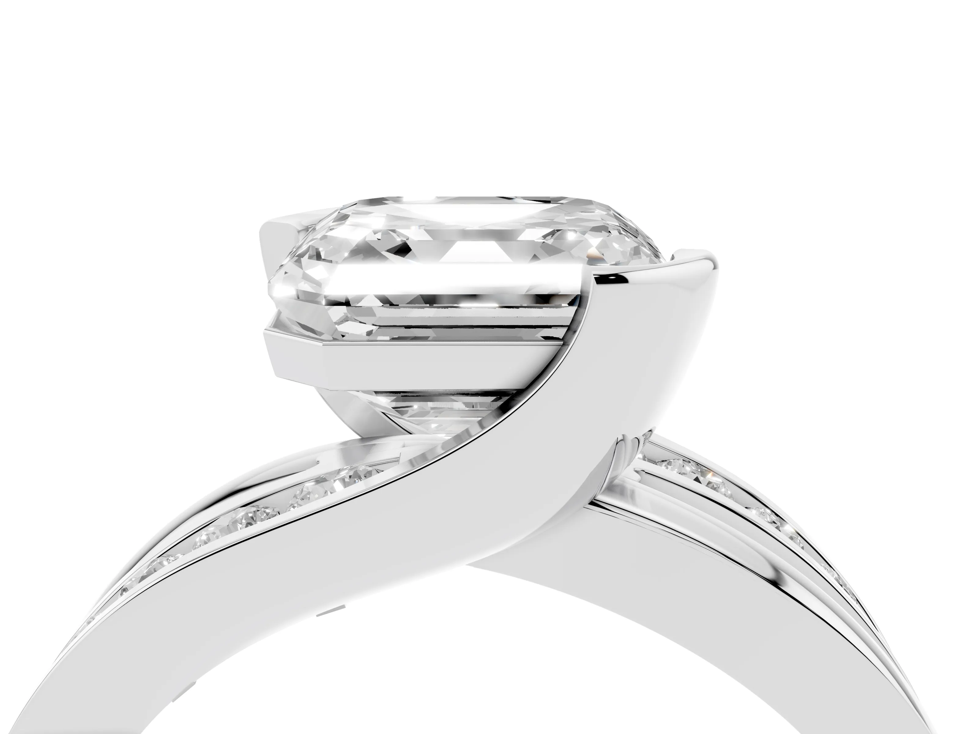 Asscher Cut Diamond Solitaire Ring Set in Platinum with Channel Set Split Shank and Tension Prongs