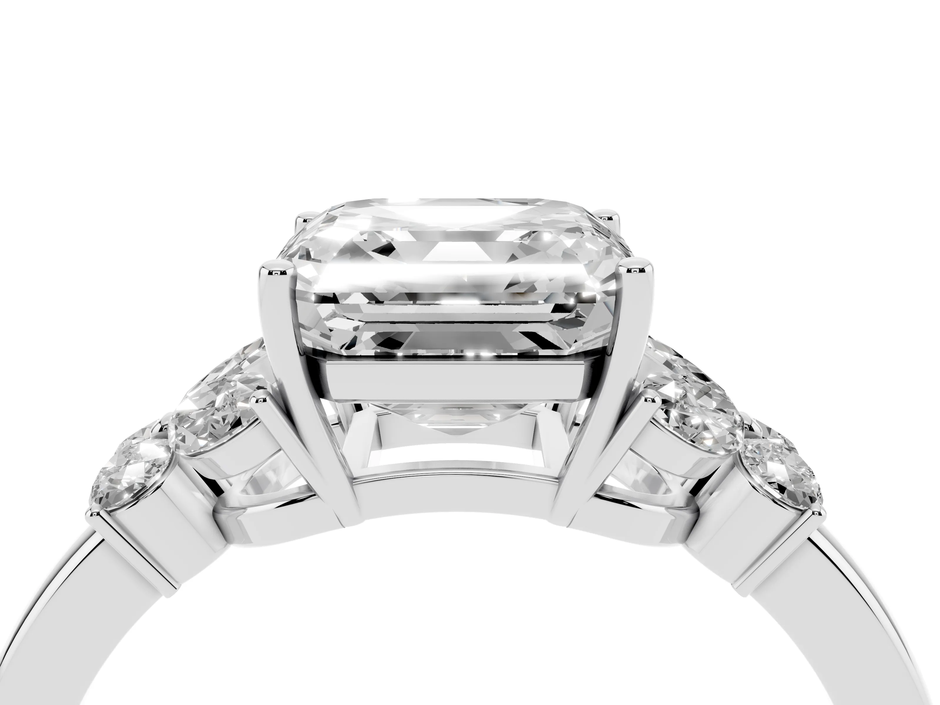 Asscher Cut Diamond Solitaire Floral Ring Set in White gold with Marquise Petals and Prong Setting