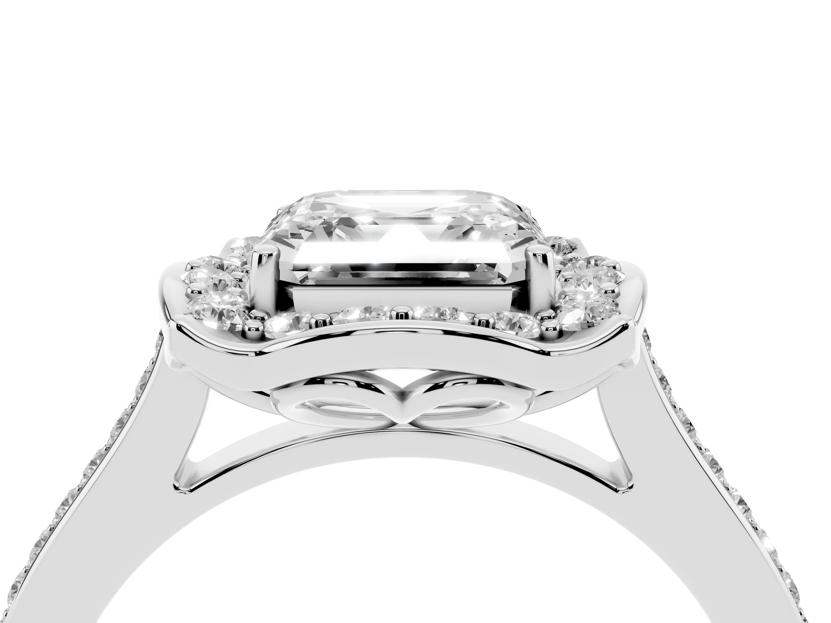 Asscher Cut Diamond Halo Ring Set in Silver with Pavé-Lined Shoulders and Prong Setting