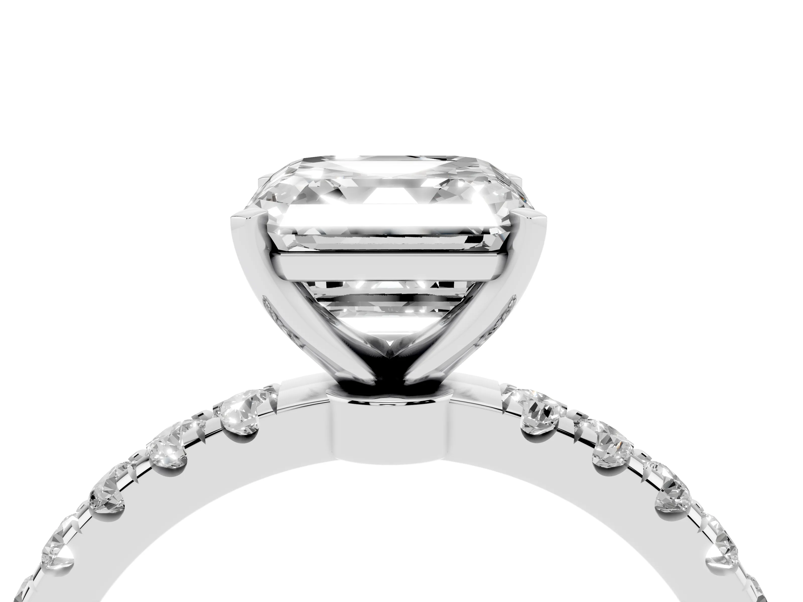Asscher Cut Diamond Solitaire Ring Set in Platinum with Pavé Accents and Prong Setting