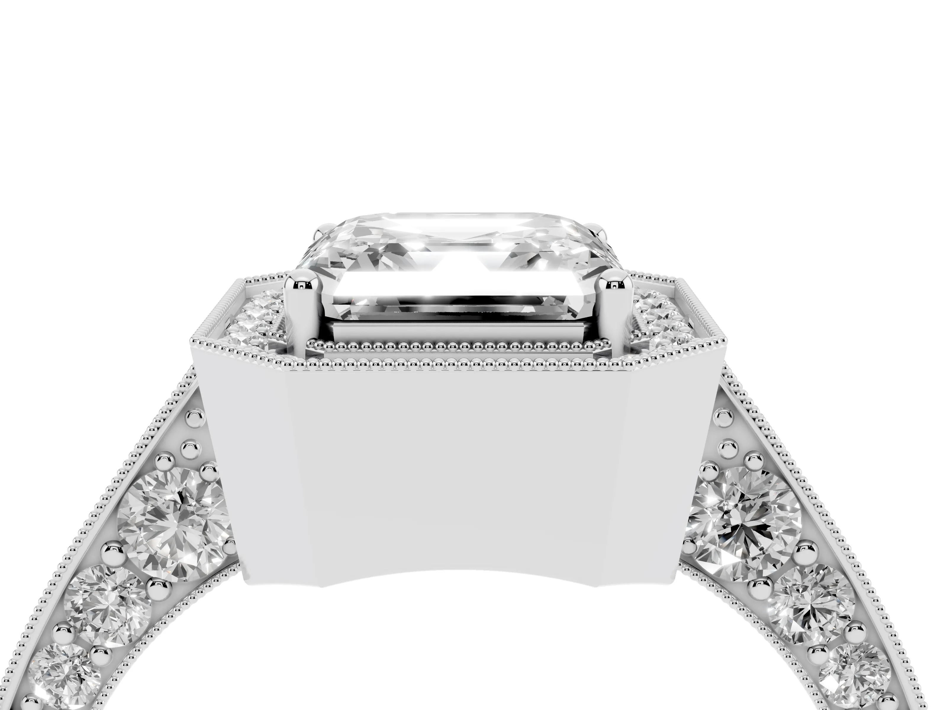 Asscher Cut Diamond Halo Engagement Ring Set in White gold with Accent Split Shank Band