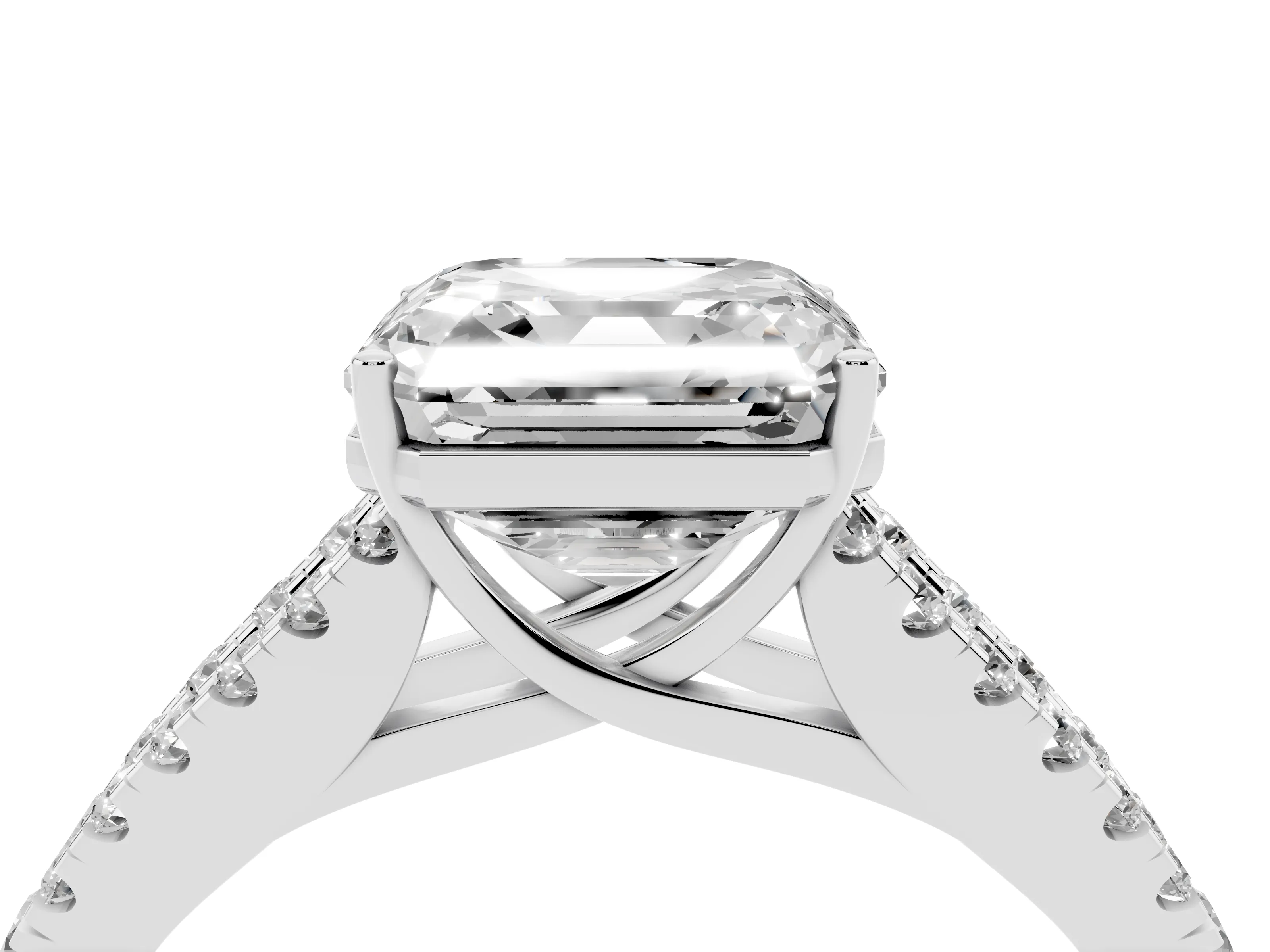 Asscher Cut Diamond Split Shank Engagement Ring Set in Platinum with Round Pavé and Prong Setting