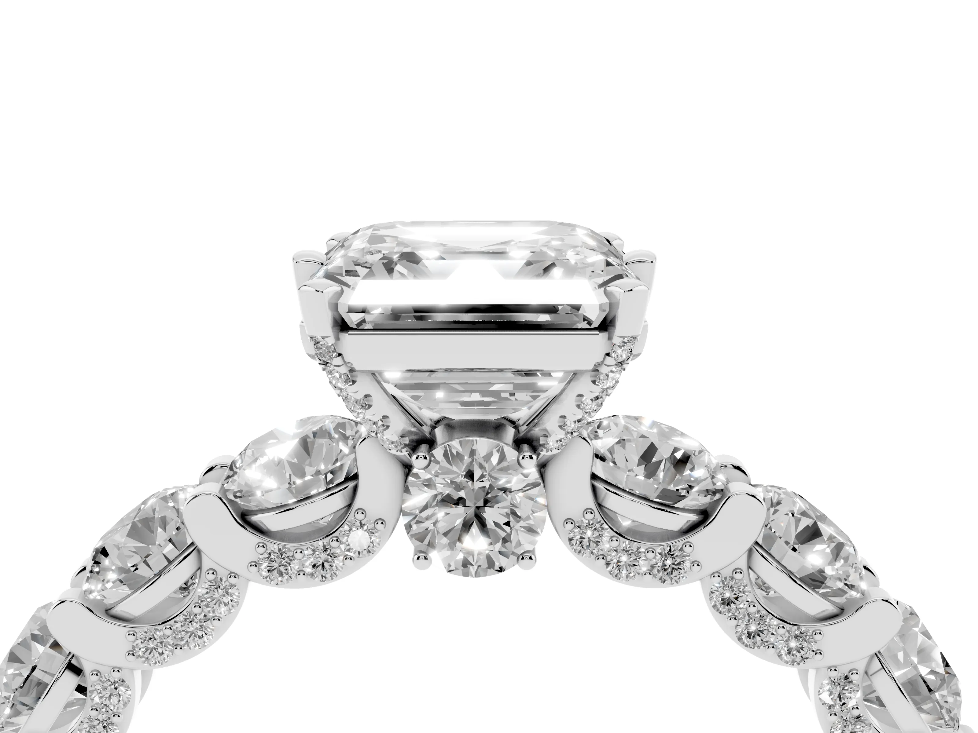 Asscher Cut Diamond Side Stone Ring Set in Platinum with Alternating Round and Oval Side Stones