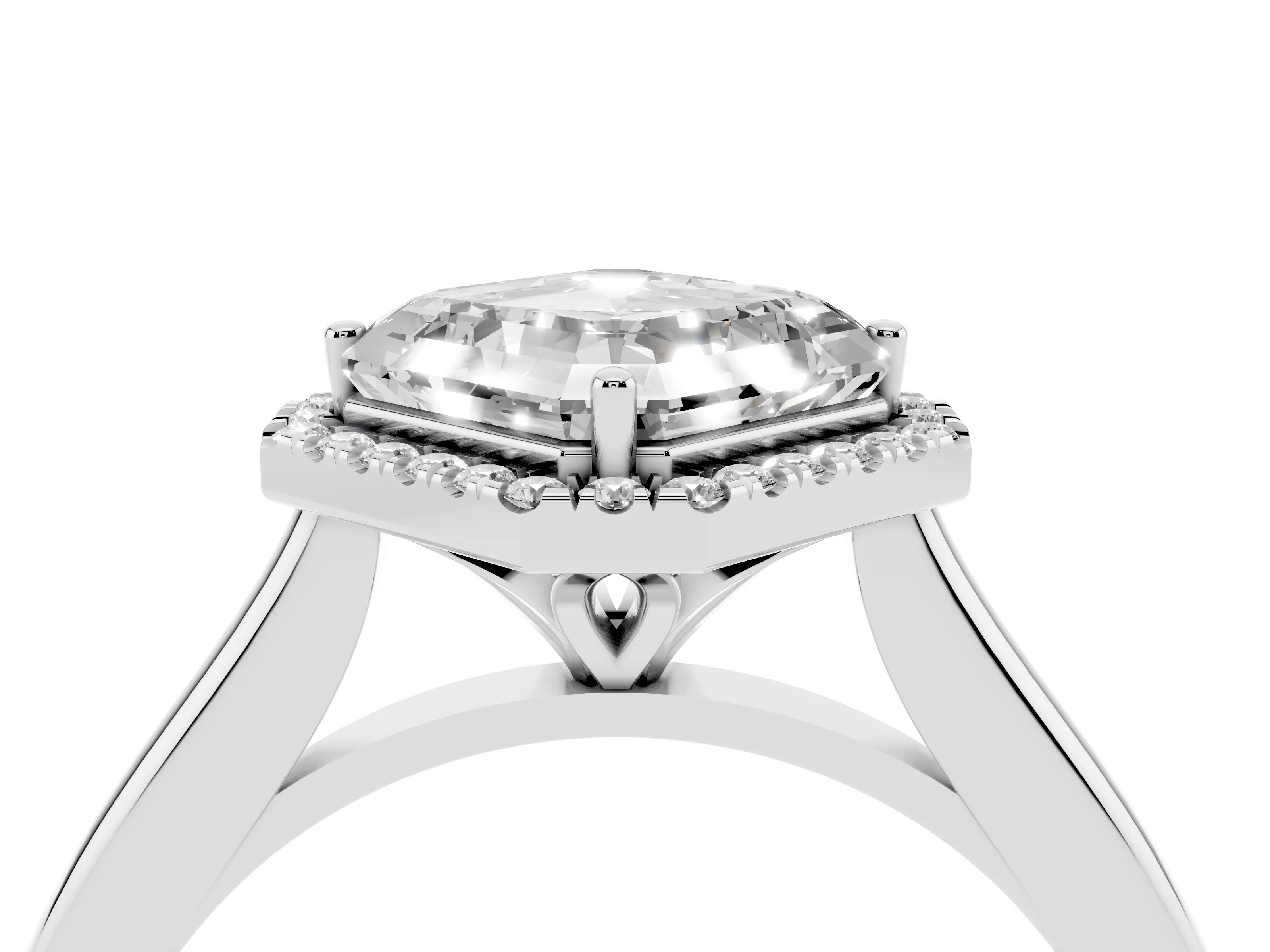 Asscher Cut Diamond Halo Engagement Ring Set in Platinum with Pavé Band and Rising Shoulders