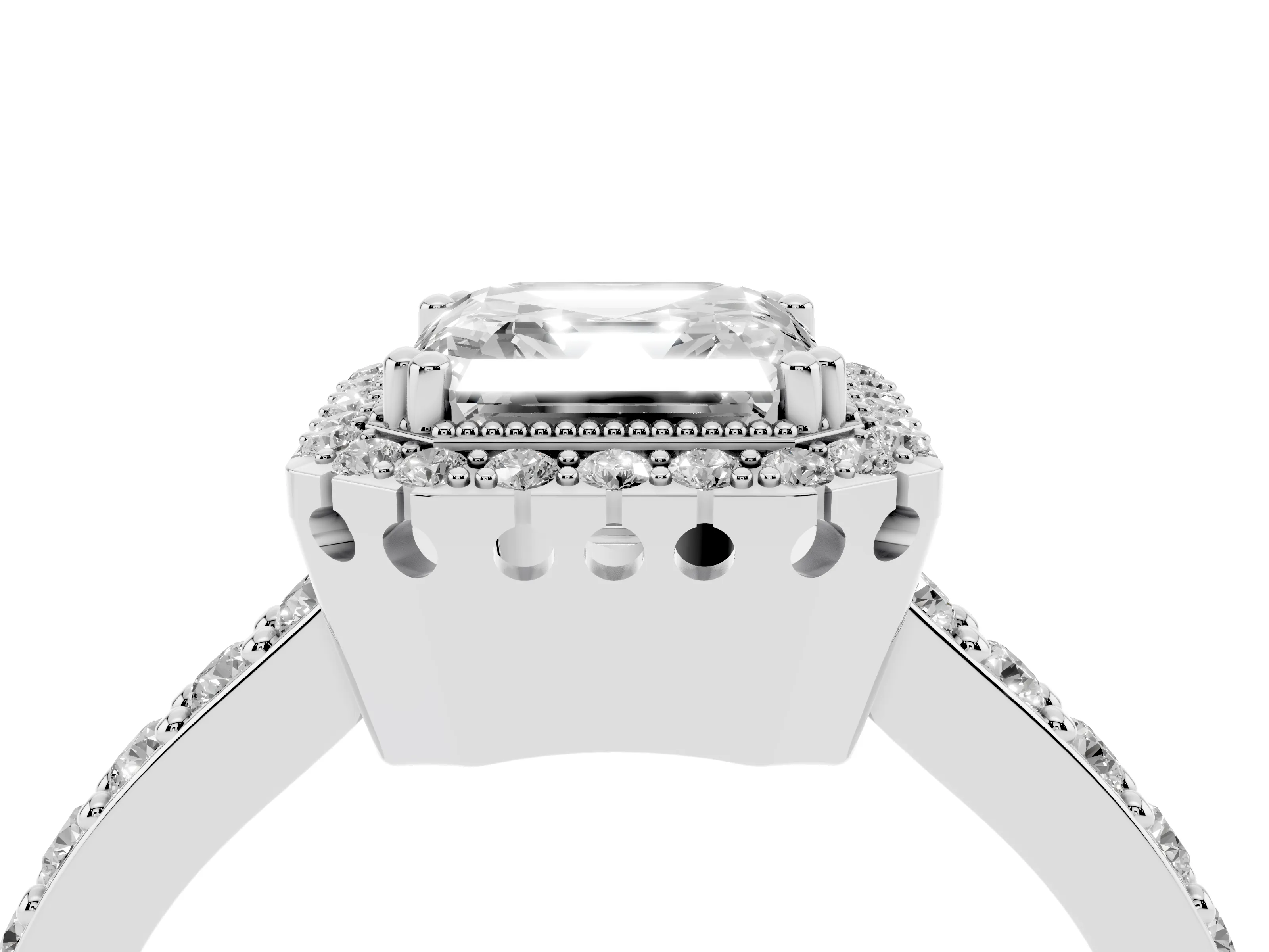 Asscher Cut Diamond Halo Engagement Ring Set in Silver with Milgrain Detail and Pavé Band