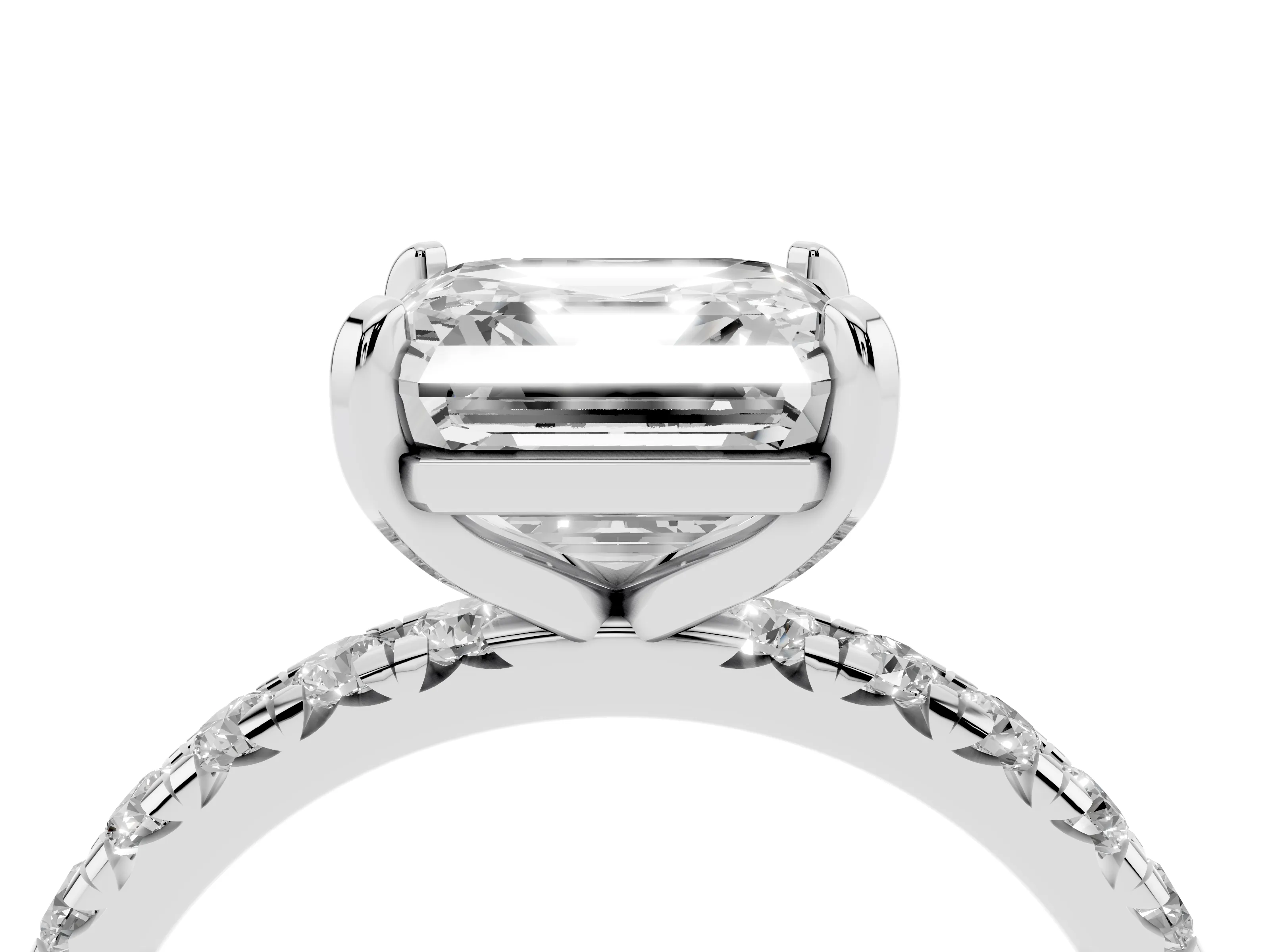 Asscher Cut Diamond Pavé Solitaire Ring Set in White gold with Round Band and Prong Setting