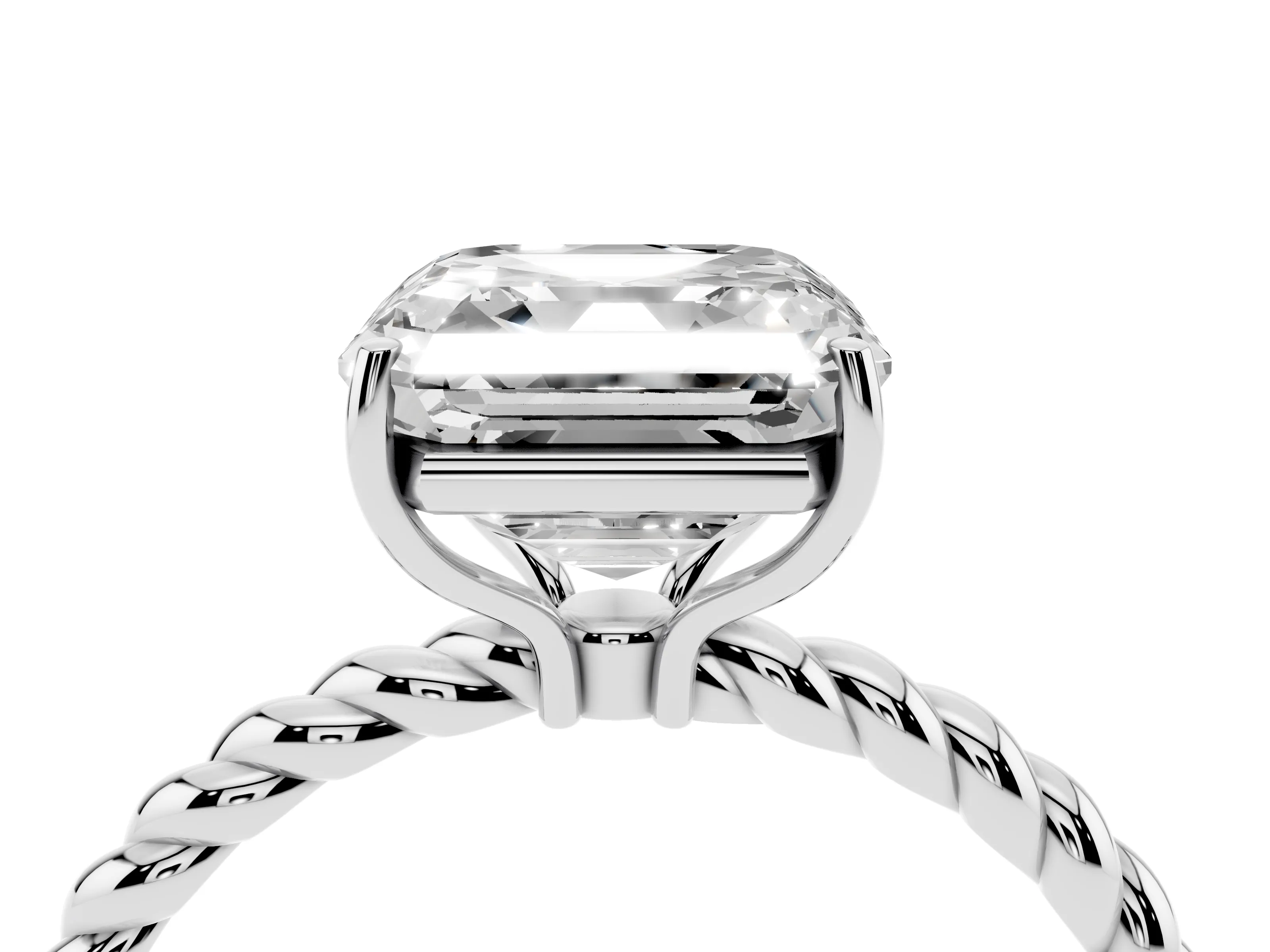 Asscher Cut Diamond Solitaire Ring Set in Platinum with Twist Band and Prong Setting