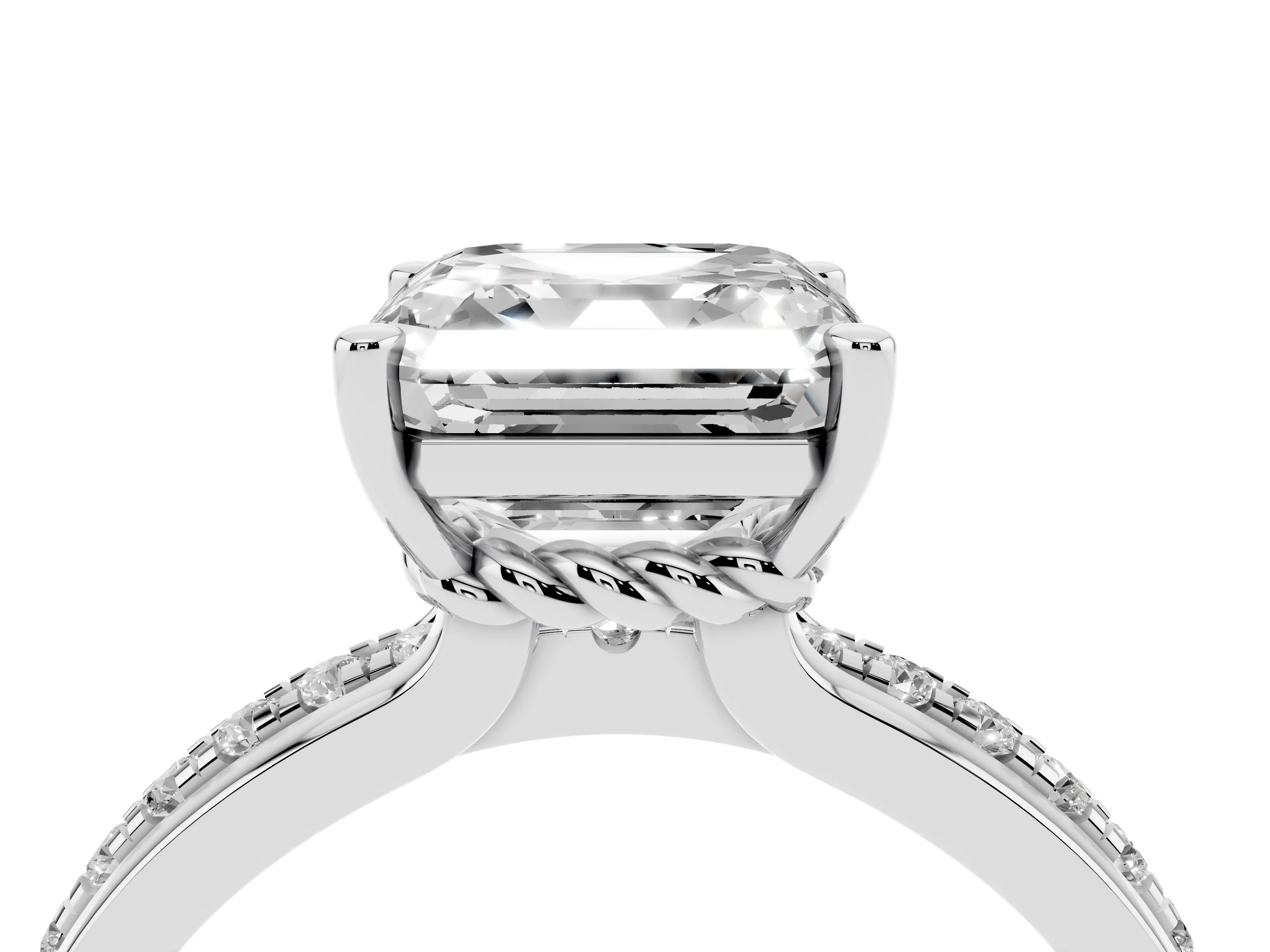 Asscher Cut Diamond Solitaire Ring Set in White gold with Channel Set Band and Prong Setting