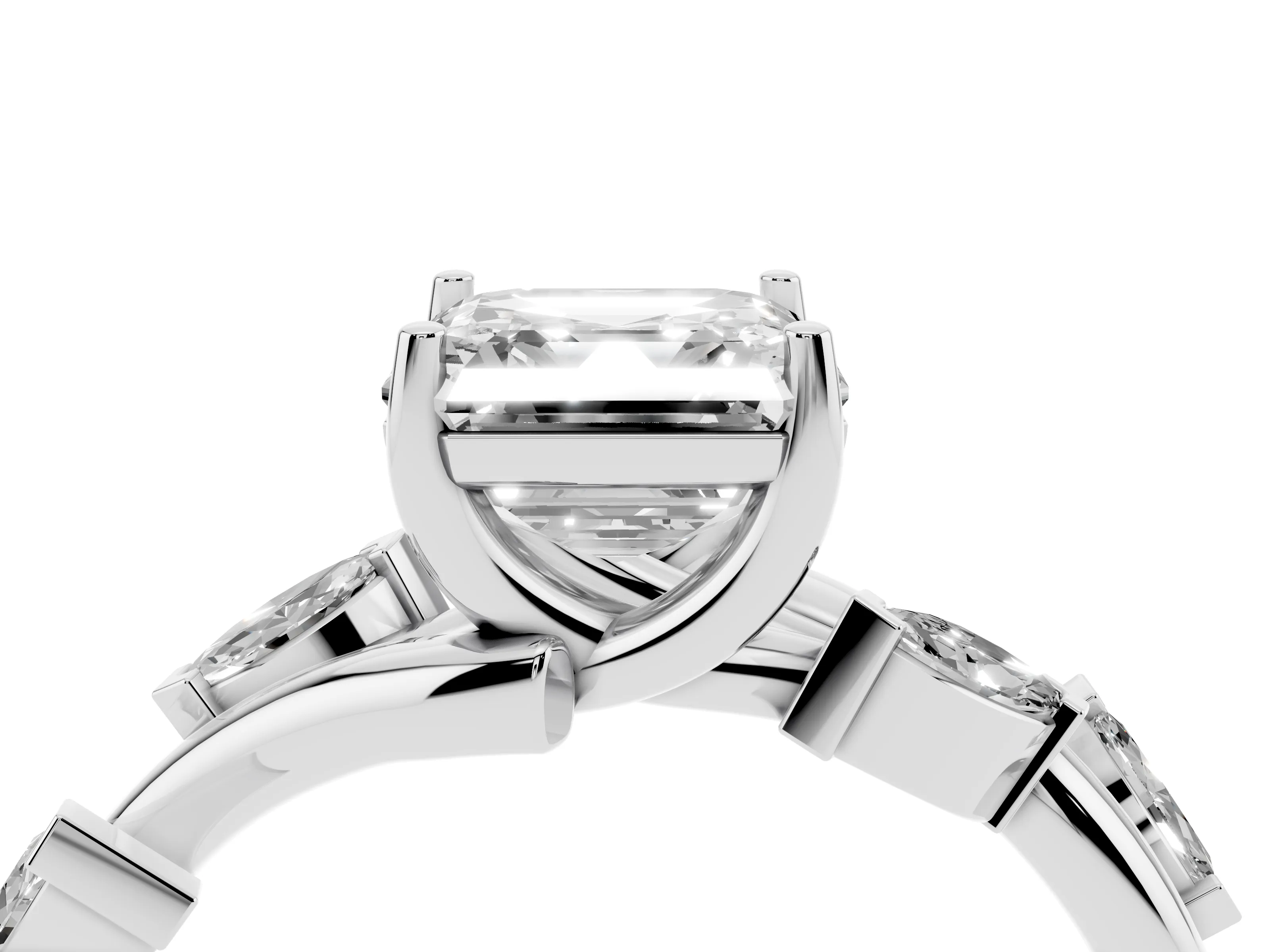 Asscher Cut Diamond Solitaire Ring Set in White gold with Twisted Marquise Accent Band