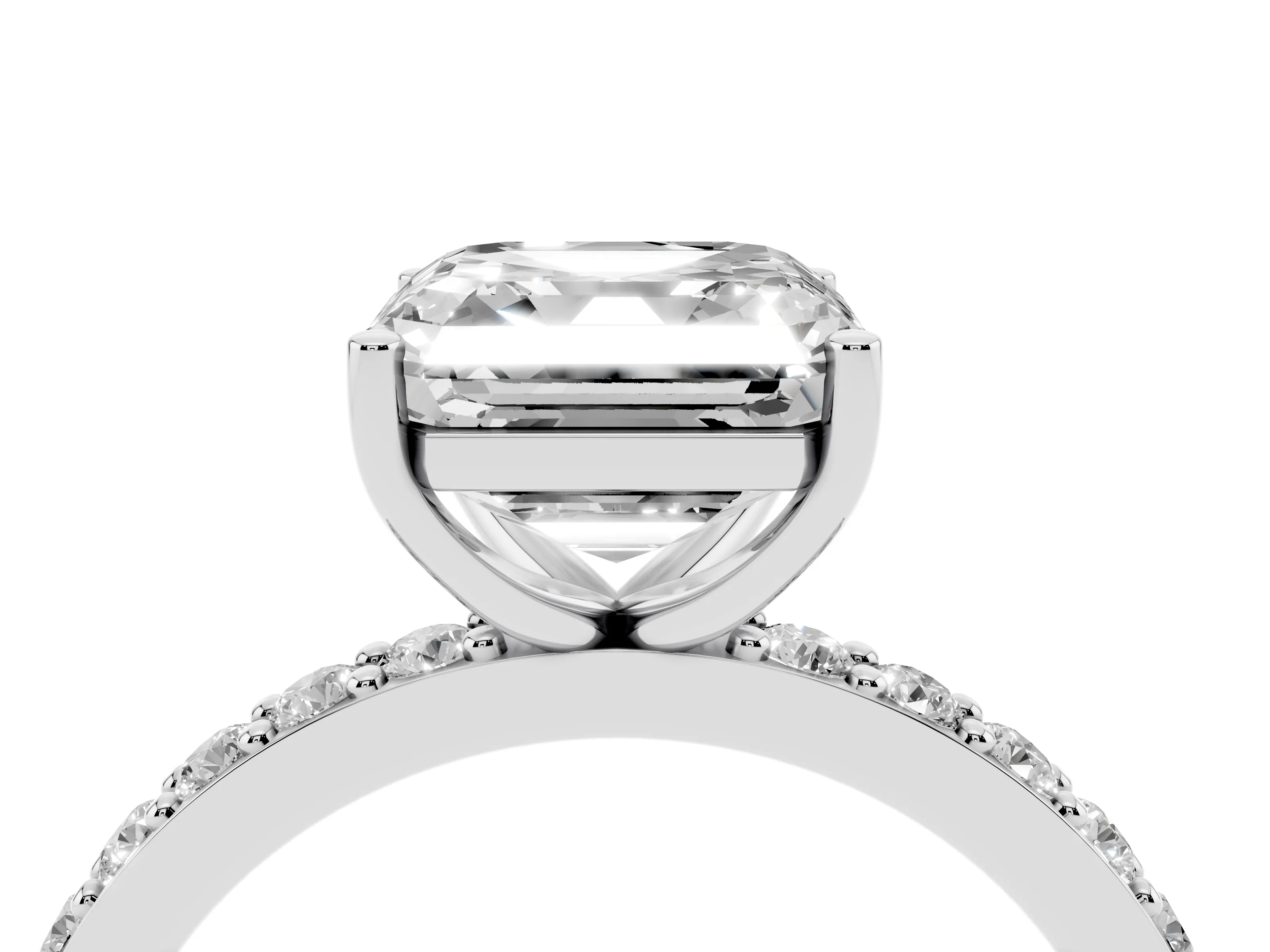 Asscher Cut Diamond Solitaire Set in Silver with Round Pavé Band and Prong Setting