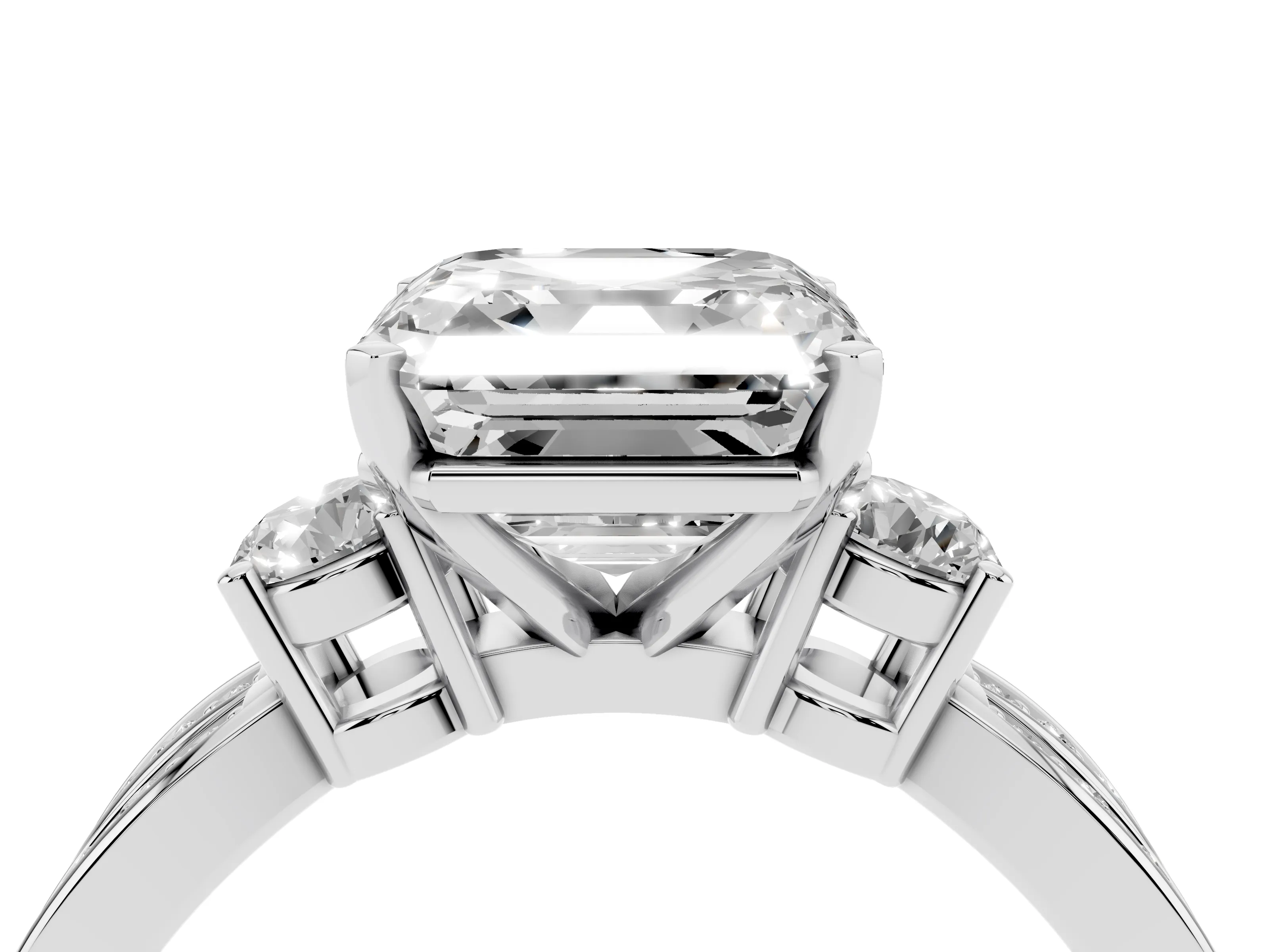Three-Stone Asscher Cut Diamond Twist Band Ring Set in Silver with Pavé Accents and Prong Setting