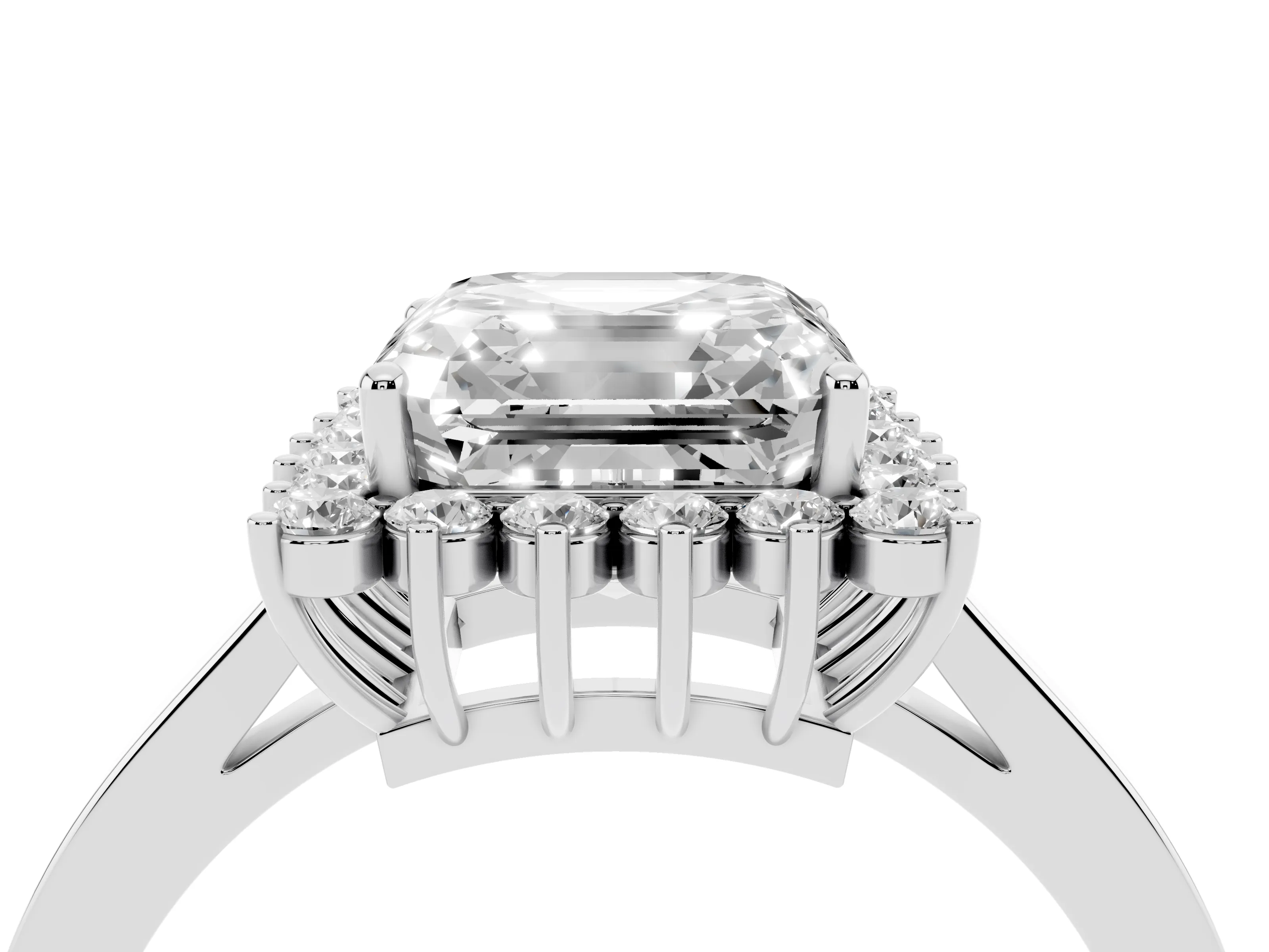 Asscher Cut Diamond Halo Ring Set in White gold with Round Halo and Smooth Solitaire Band