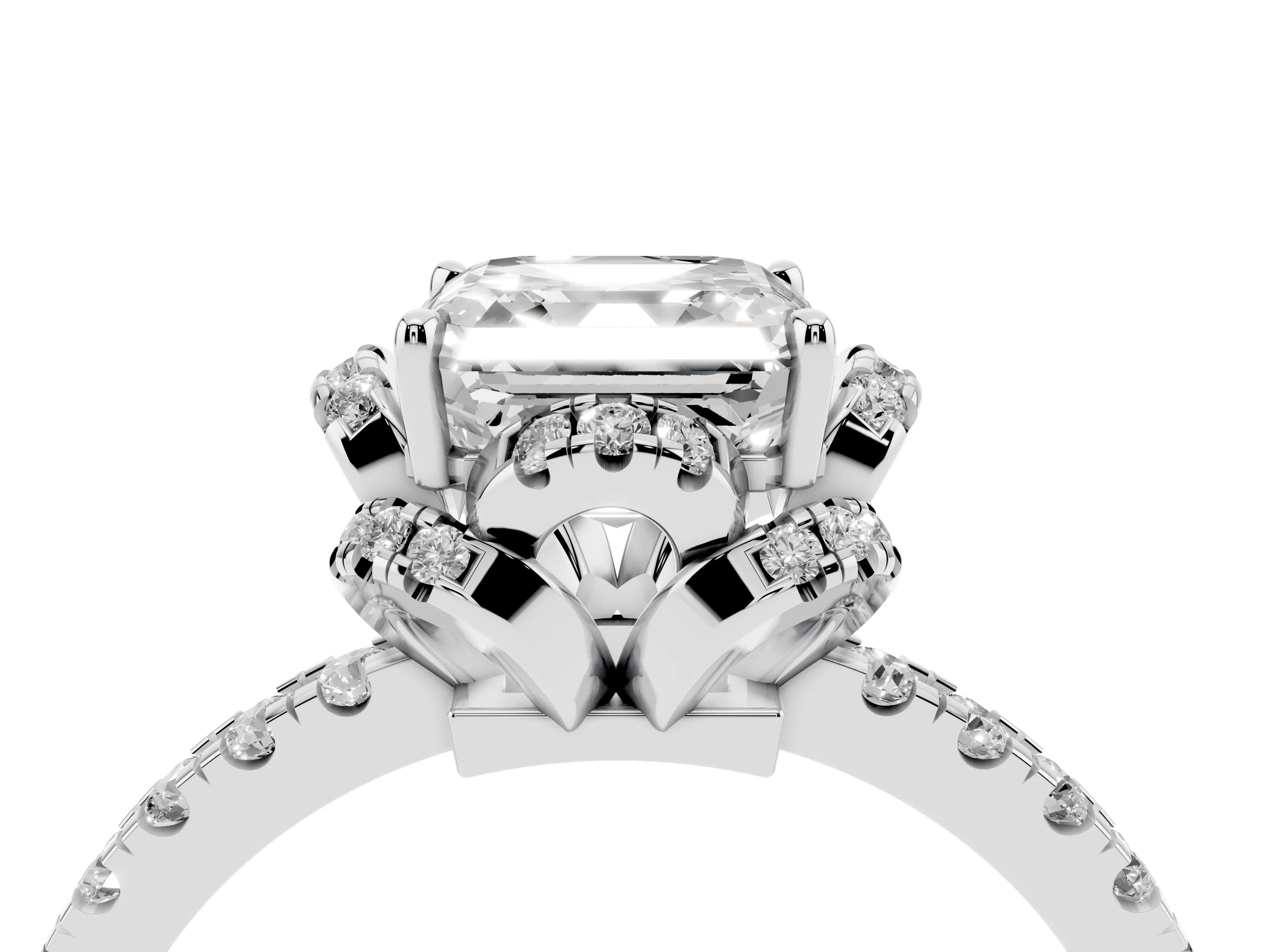 Asscher Cut Diamond Halo Pavé Ring Set in White gold with Prong-Held Center Stone