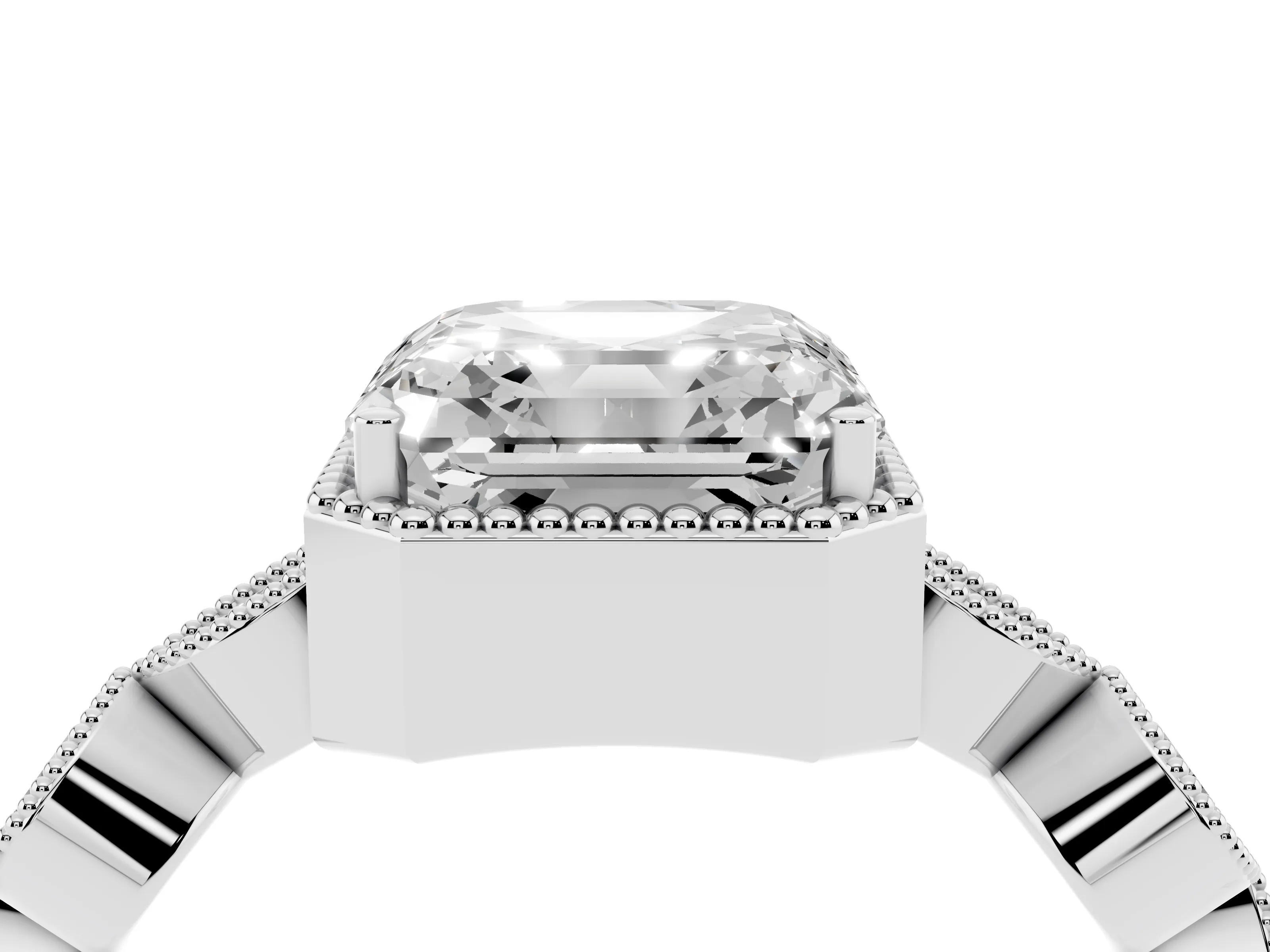 Asscher Cut Diamond Vintage-Inspired Milgrain Ring Set in White gold with Marquise Stations of Round Accents