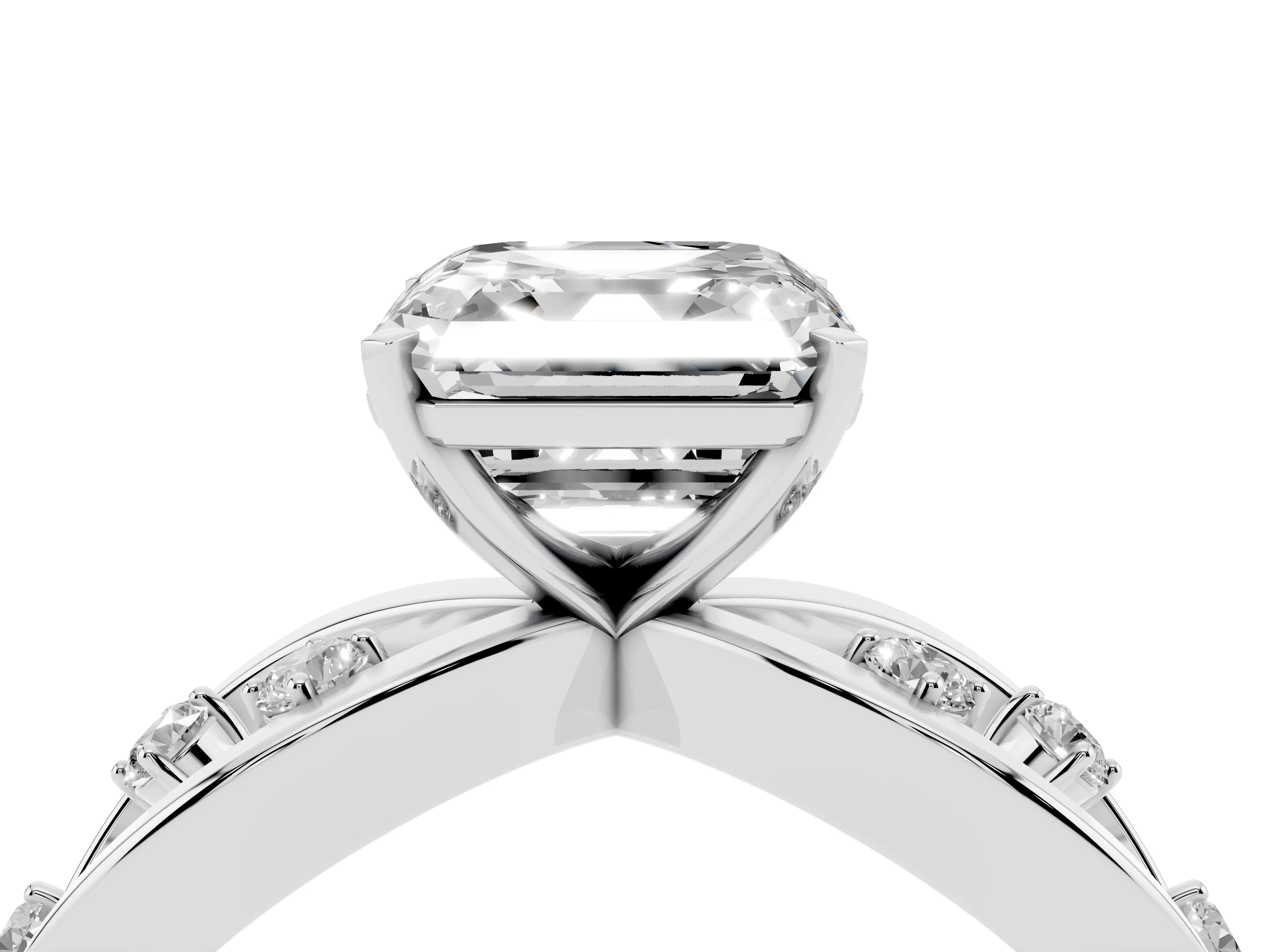 Asscher Cut Diamond Solitaire Ring Set in White gold with Side Stones on Criss-Cross Band and Prong Setting