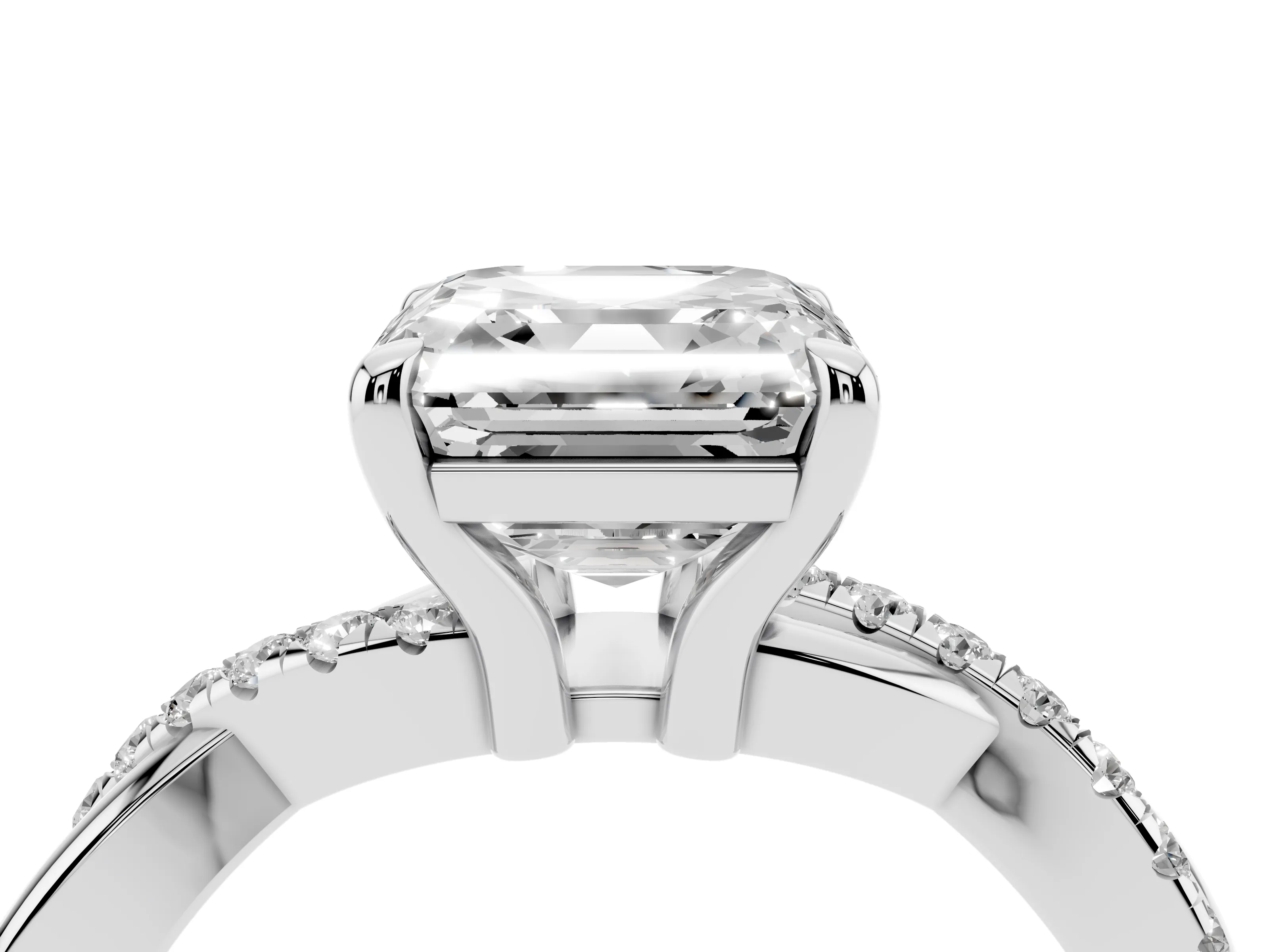 Asscher Cut Diamond Twist Band Pavé Solitaire Ring Set in Platinum with Prong Setting