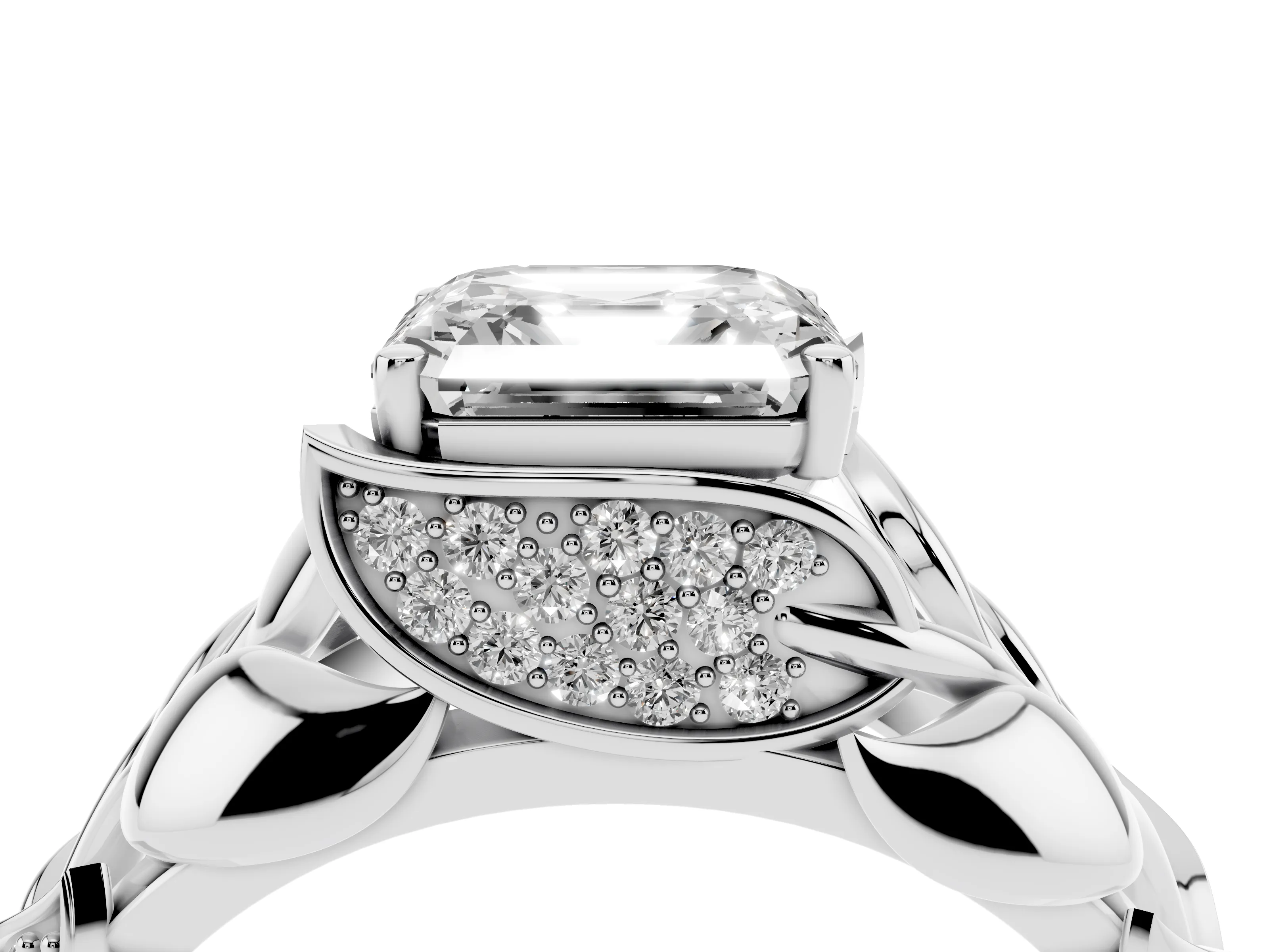 Asscher Cut Diamond Leaf-Inspired Engagement Ring Set in Silver with Round Accents