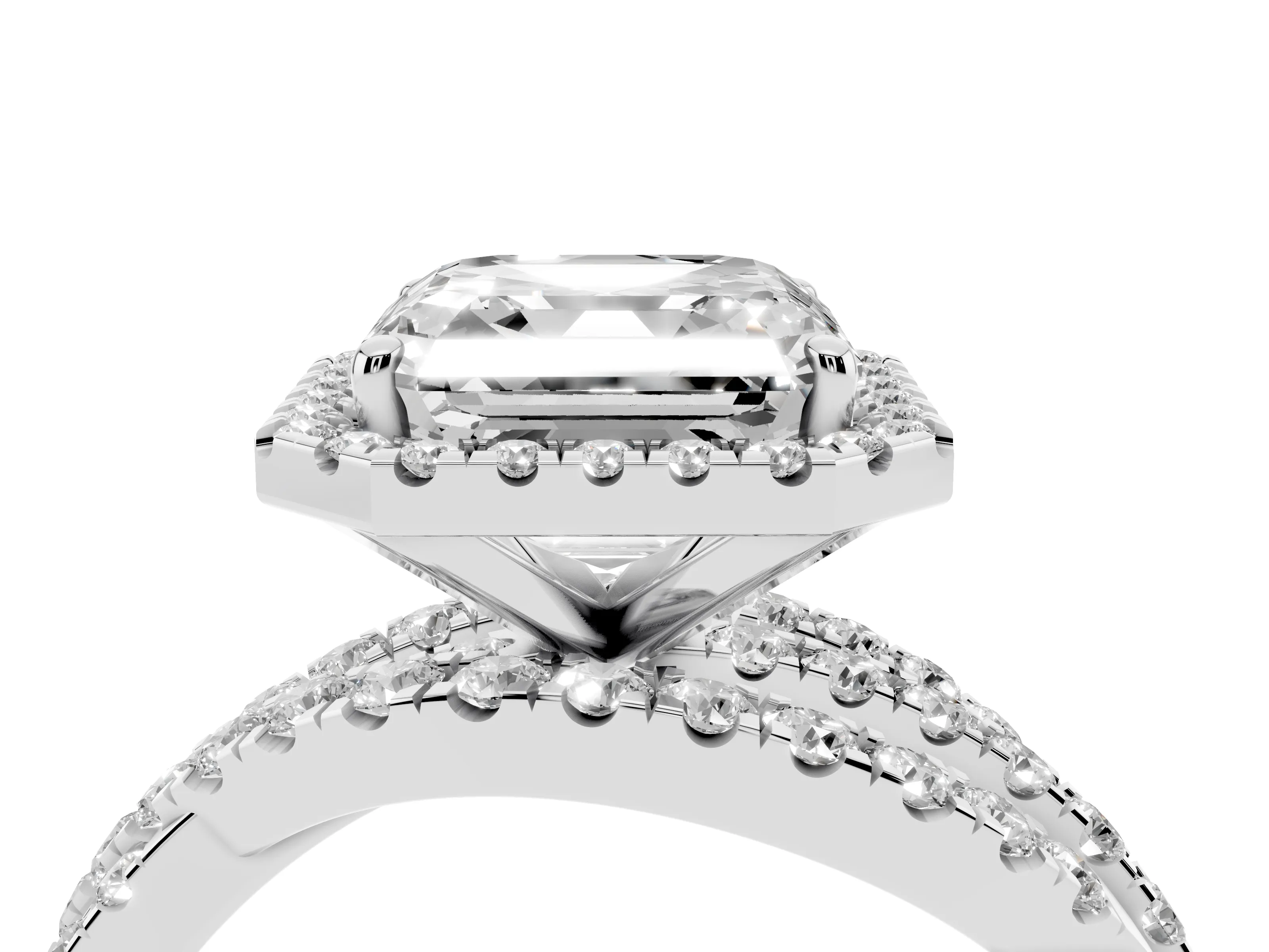 Asscher Cut Diamond Halo Ring Set in White gold with Round Crossover Split Shank and Prong Setting