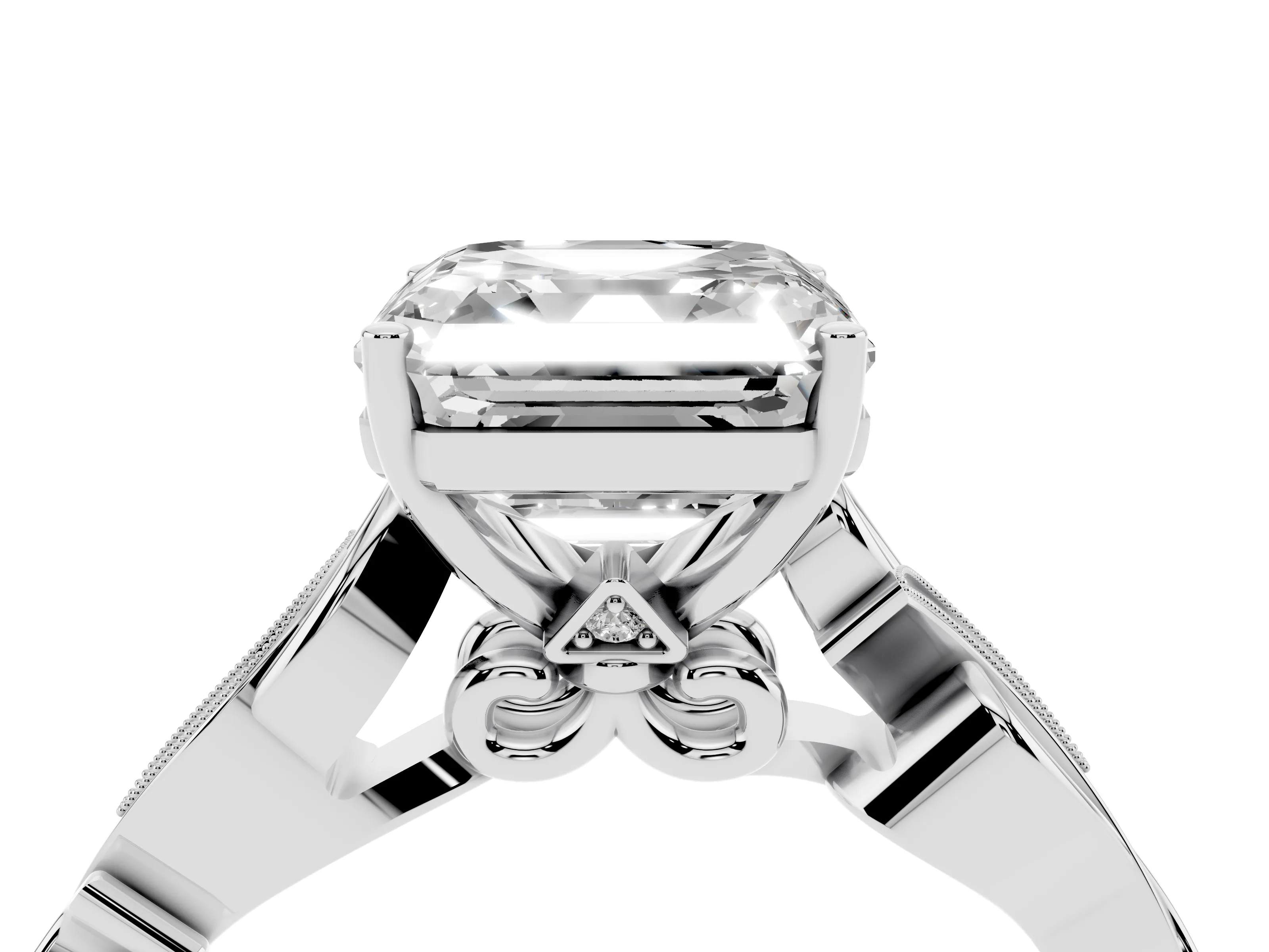Asscher Cut Diamond Vine Band Solitaire Ring Set in Silver with Milgrain Prong Setting