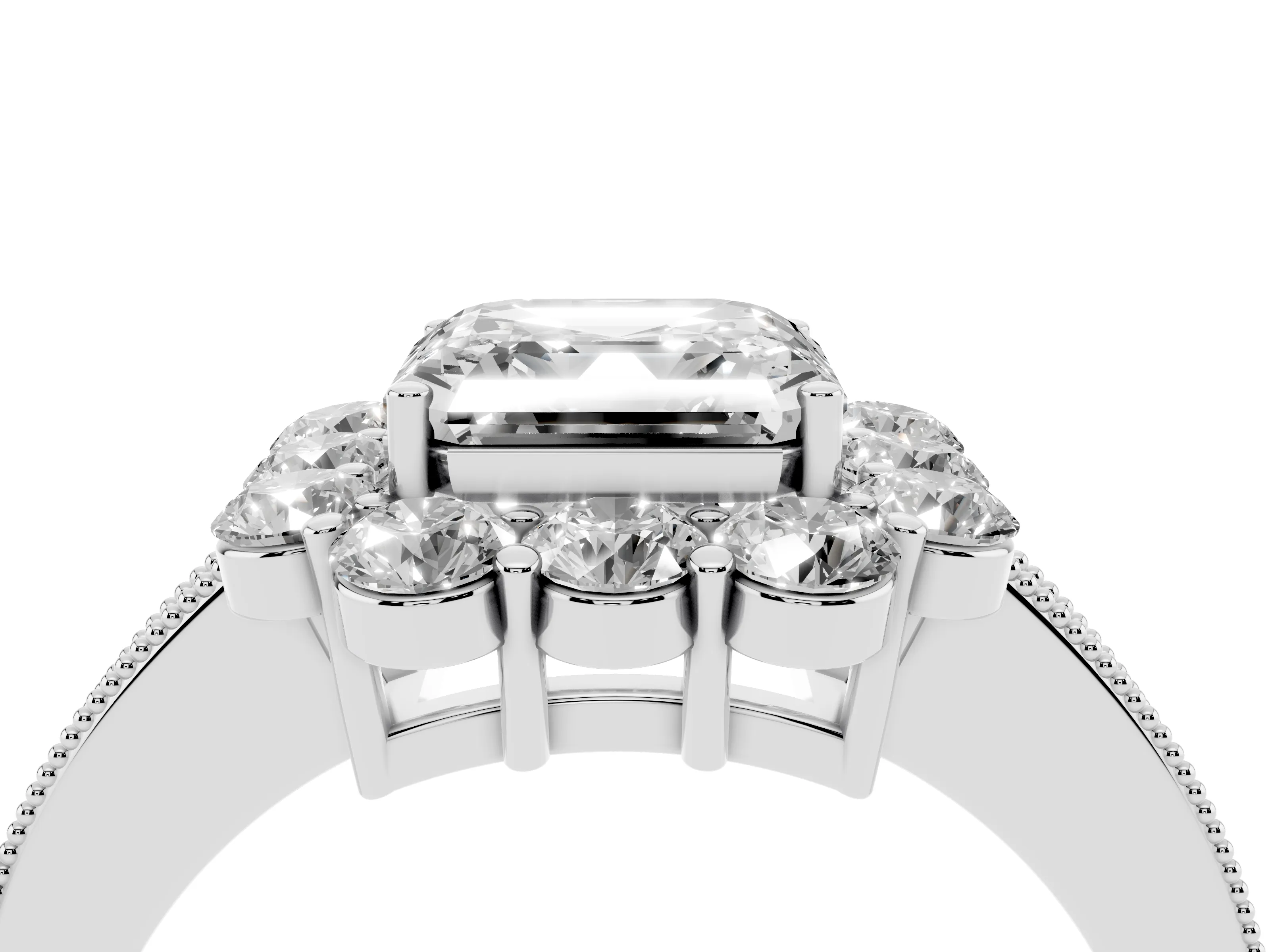 Asscher Cut Diamond Halo Pavé Engagement Ring Set in White gold with Milgrain Detailing