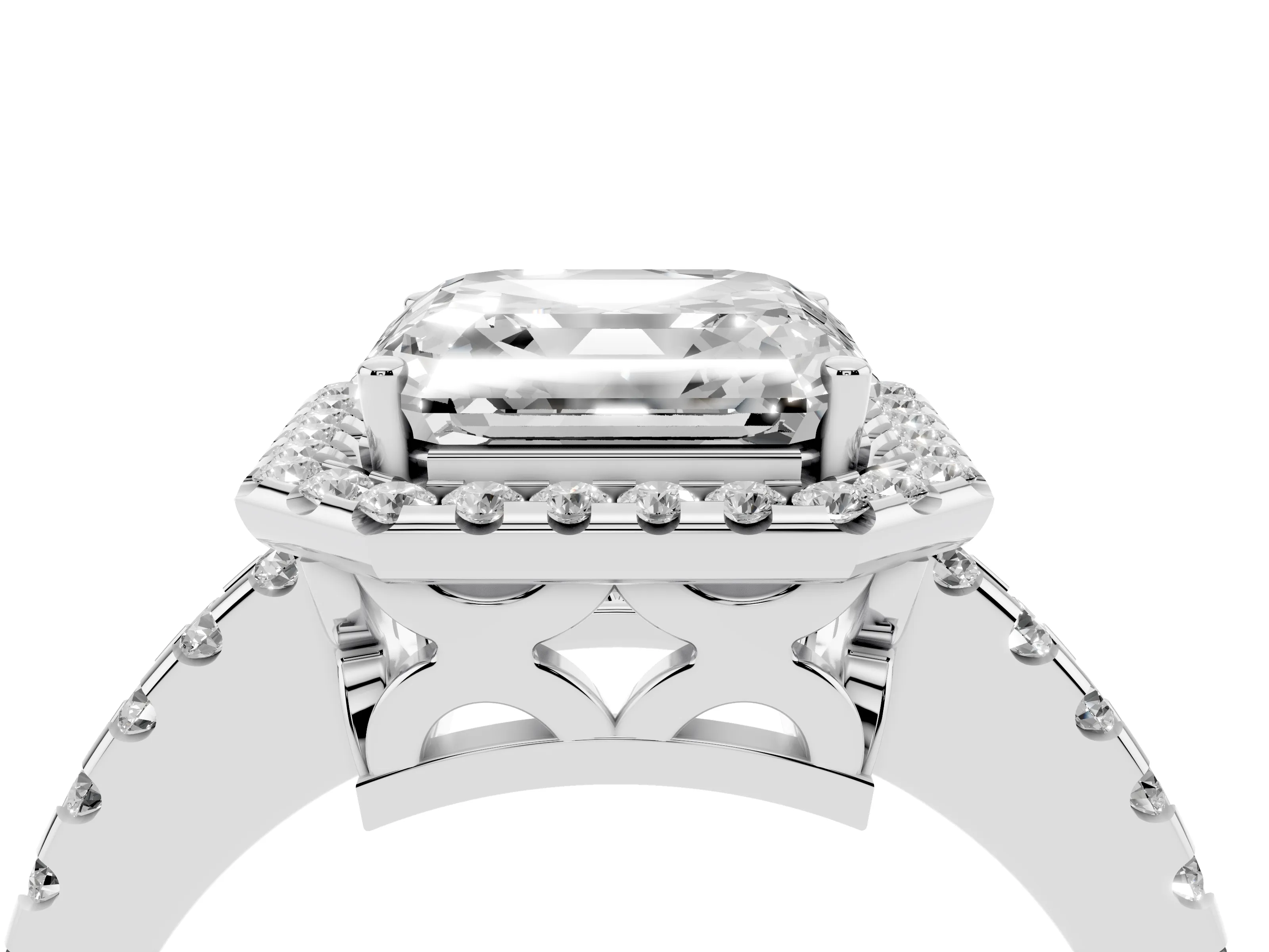 Asscher Cut Diamond Halo Ring Set in Platinum with Pavé Shoulders and Halo-Framed Center