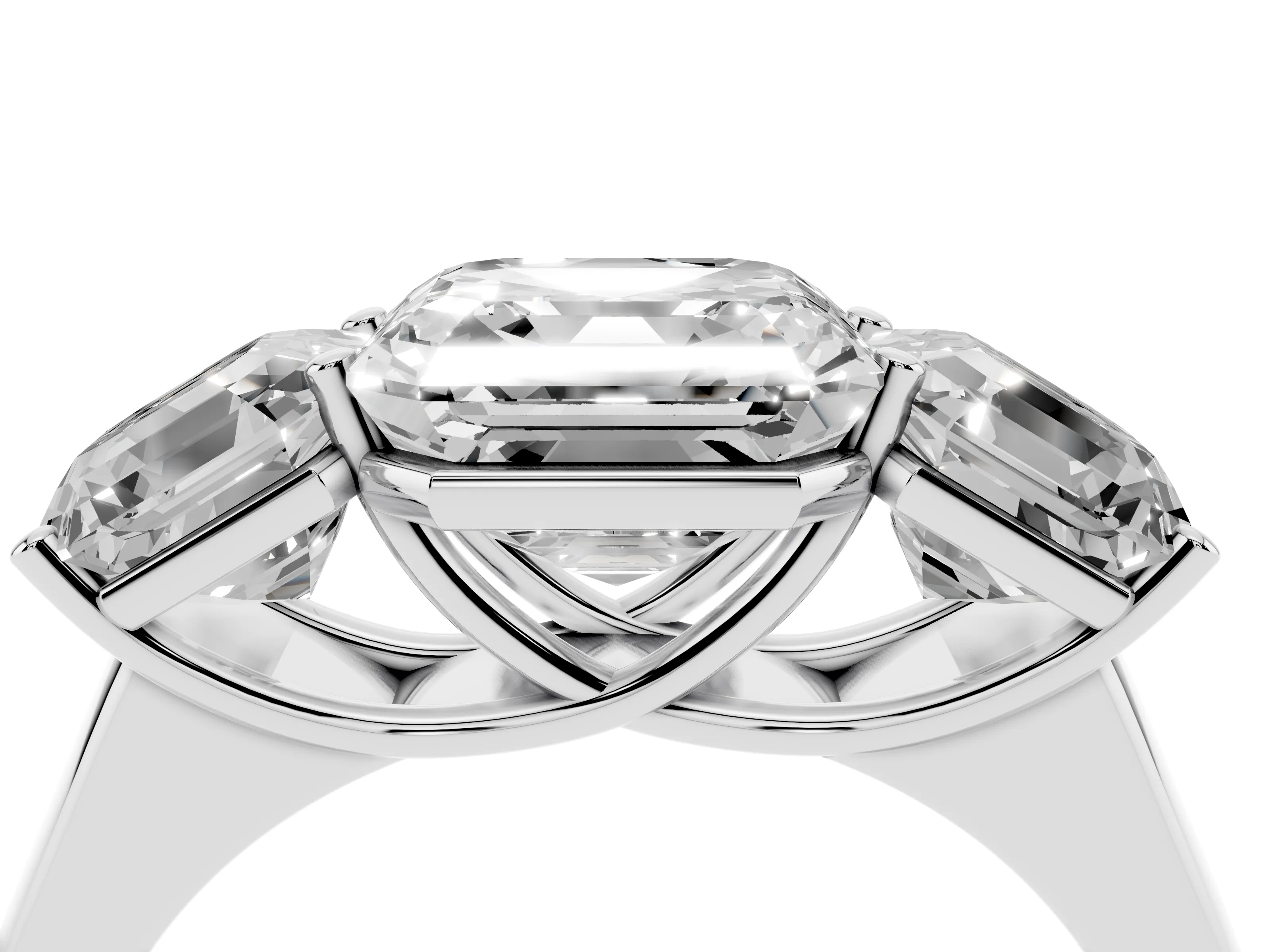 Asscher Cut Diamond Three-Stone Ring Set in White gold with Plain Polished Band