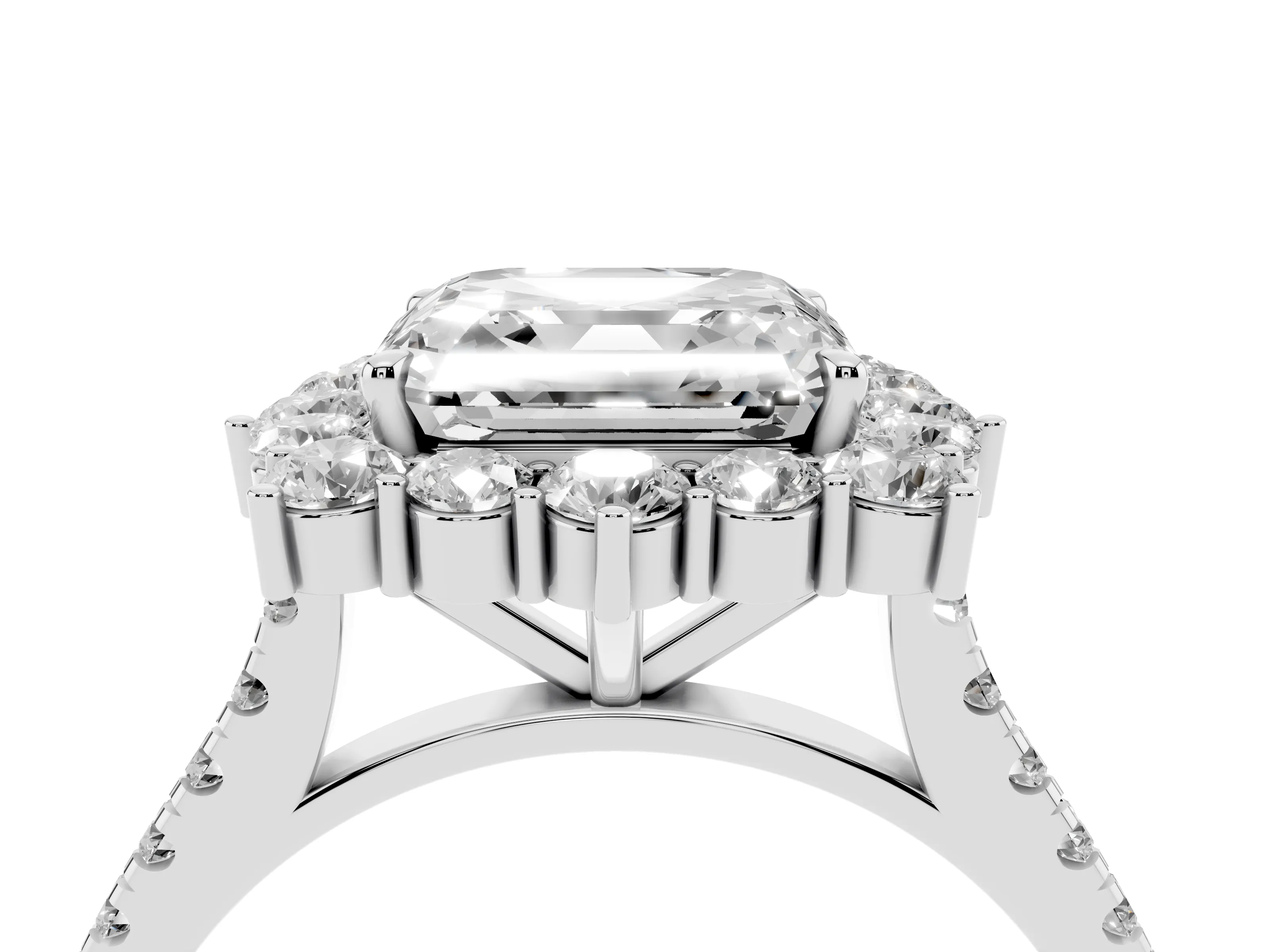 Asscher Cut Diamond Halo Ring Set in Silver with Pavé Band and Prong Setting