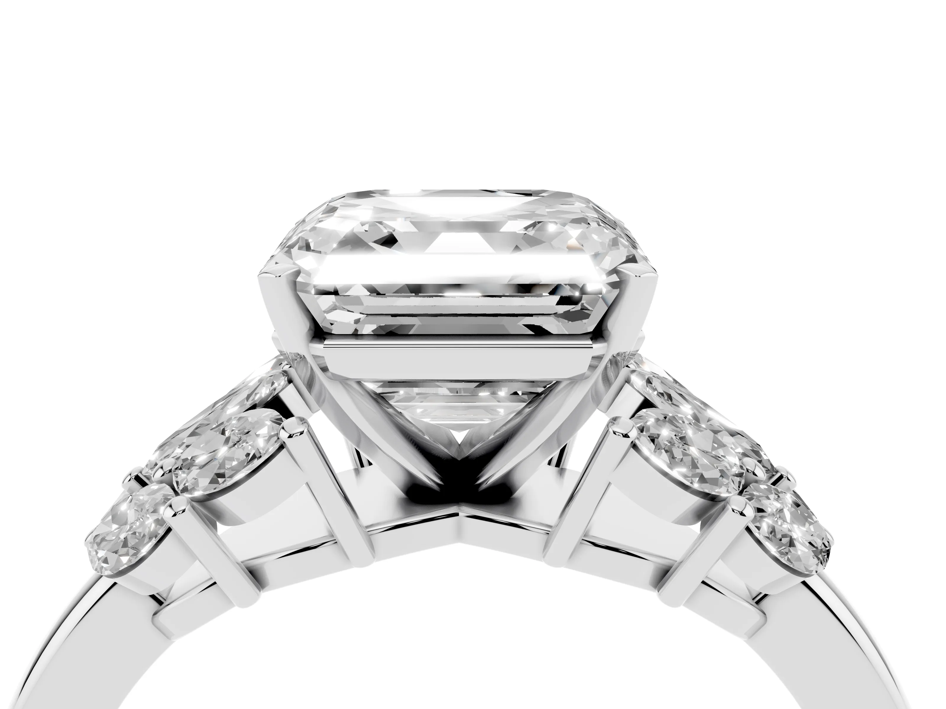 Asscher Cut Diamond Cluster Leaf Design Ring Set in Platinum with Prong Setting