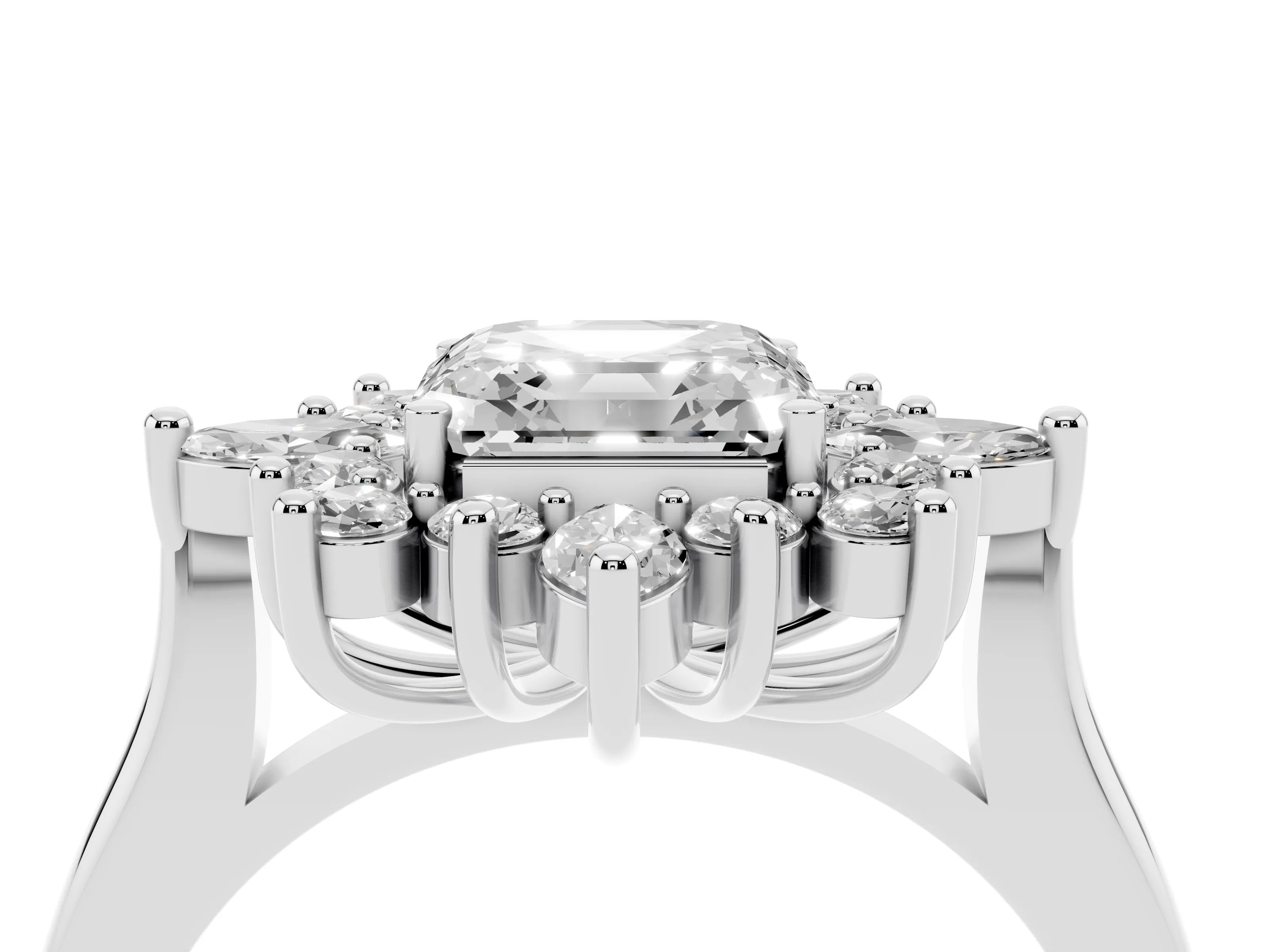 Asscher Cut Diamond Cluster Halo Ring Set in White gold with Marquise and Round Accents