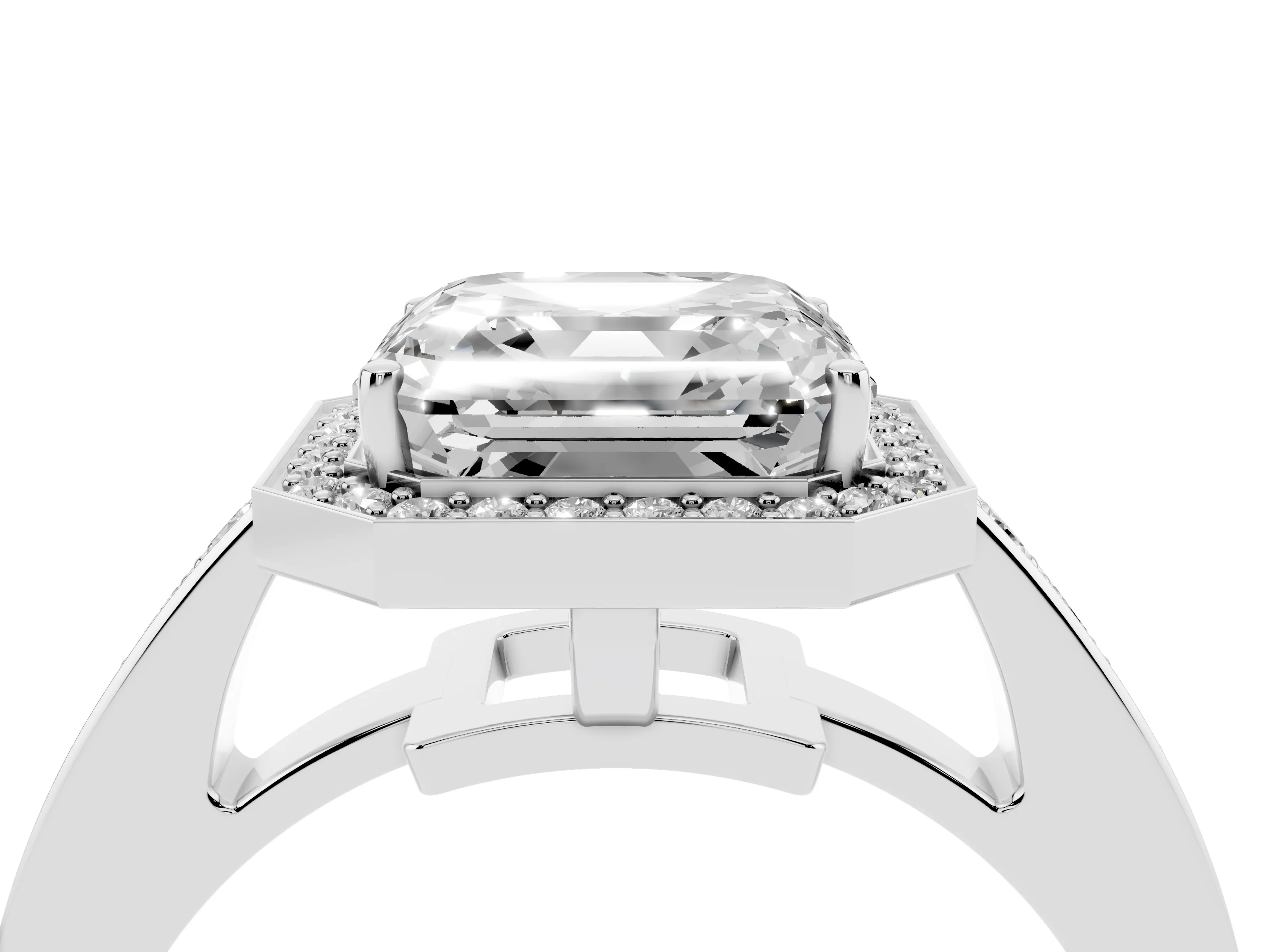 Asscher Cut Diamond Halo Pavé Engagement Ring Set in Platinum with Bezel Setting