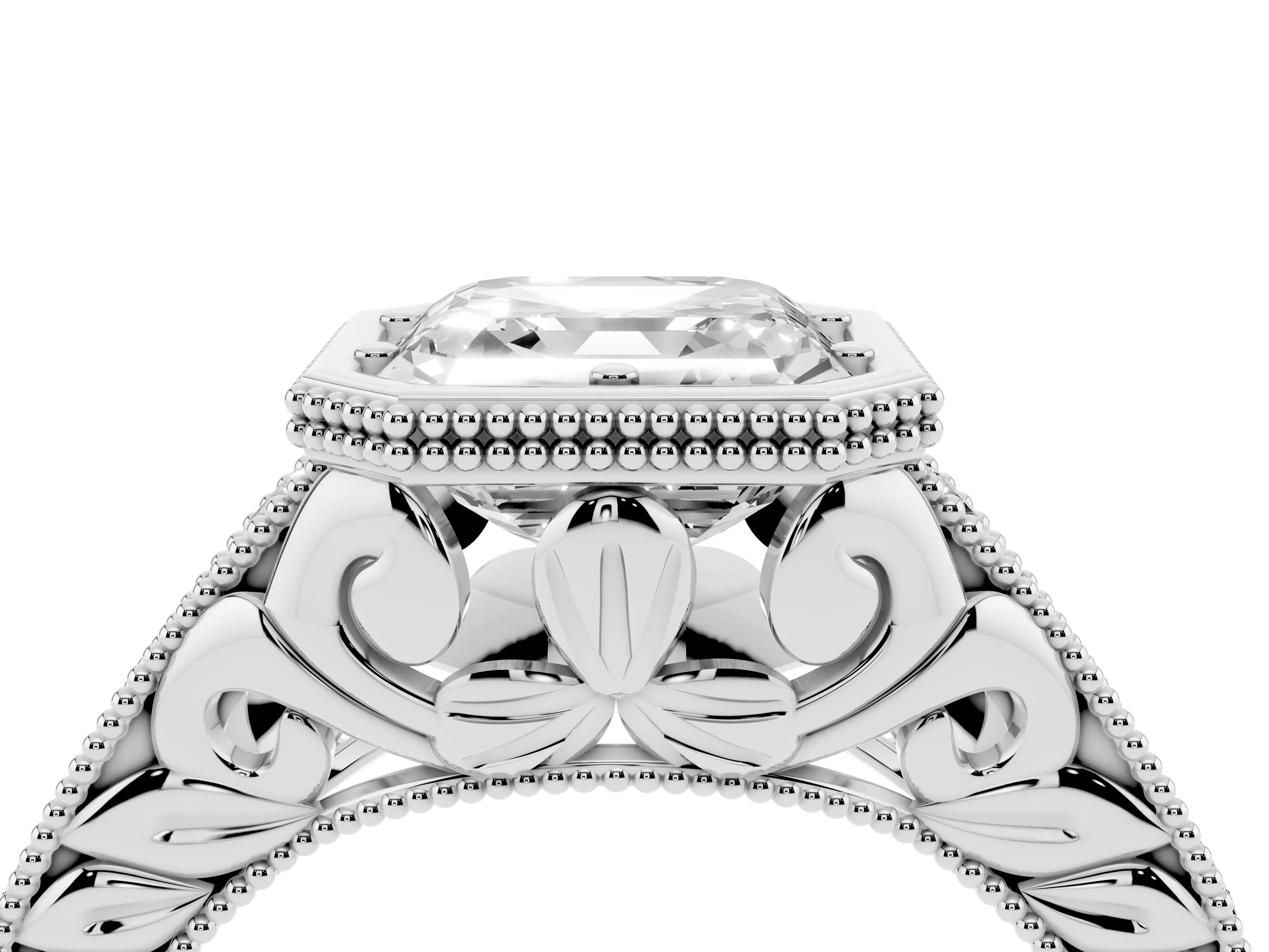 Bezel Set Asscher Cut Diamond Milgrain Pavé Engagement Ring Set in Silver