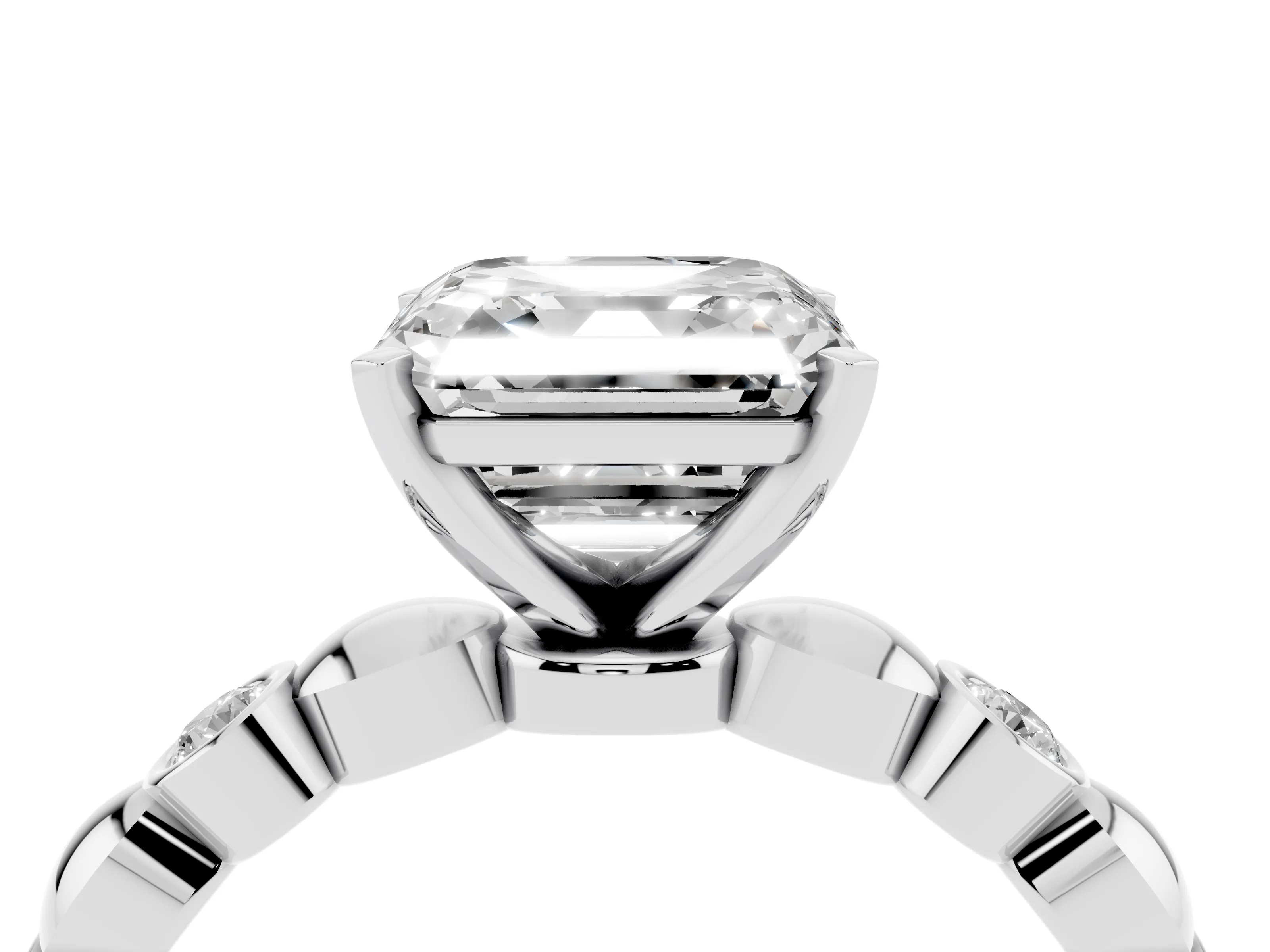 Asscher Cut Diamond Solitaire Ring Set in Silver with Bezel-Set Accents on Beaded Band and Prong Setting