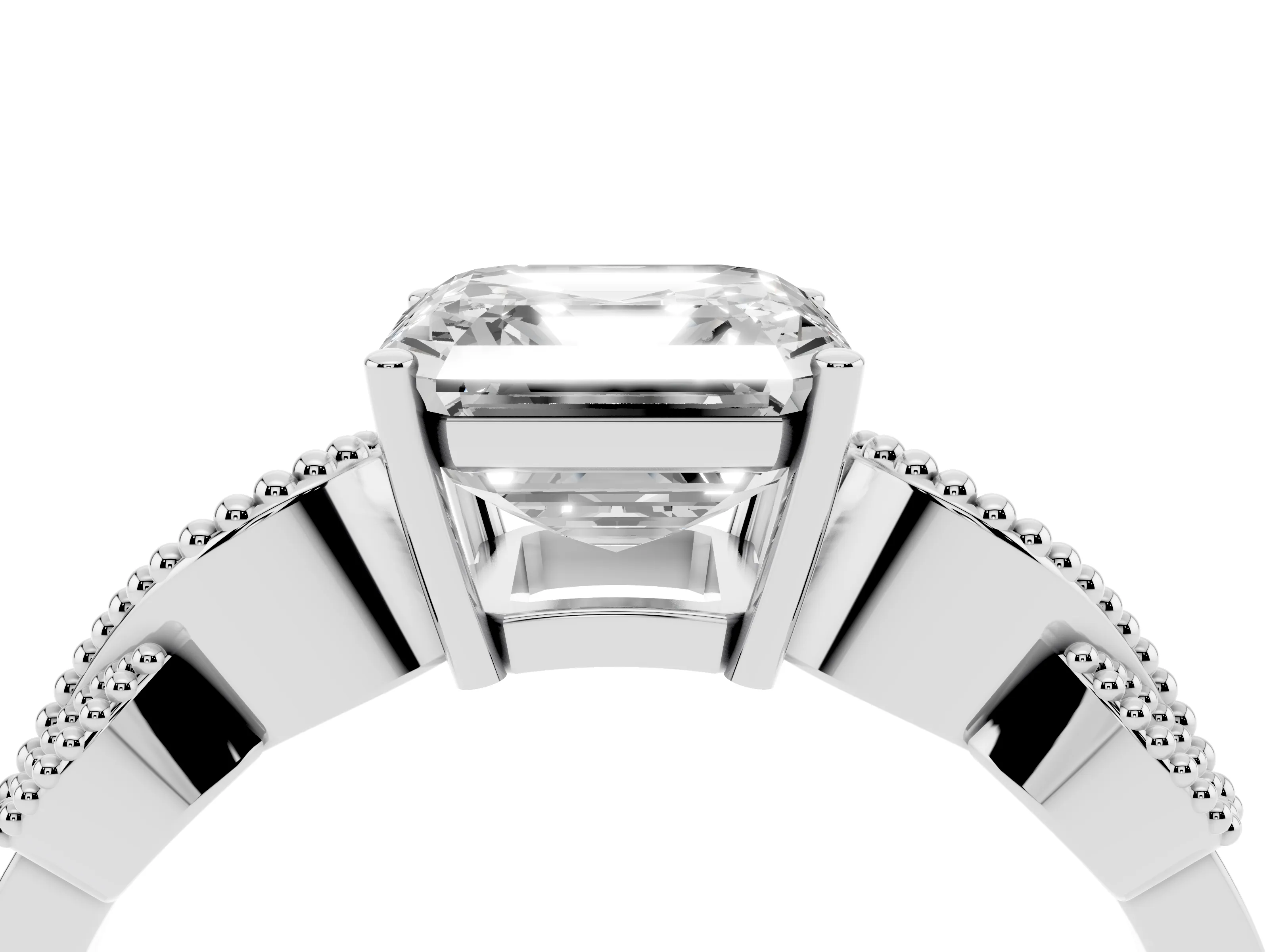 Asscher Cut Diamond Milgrain Leaf Band Solitaire Ring Set in White gold with Accent Stones and Prong Setting