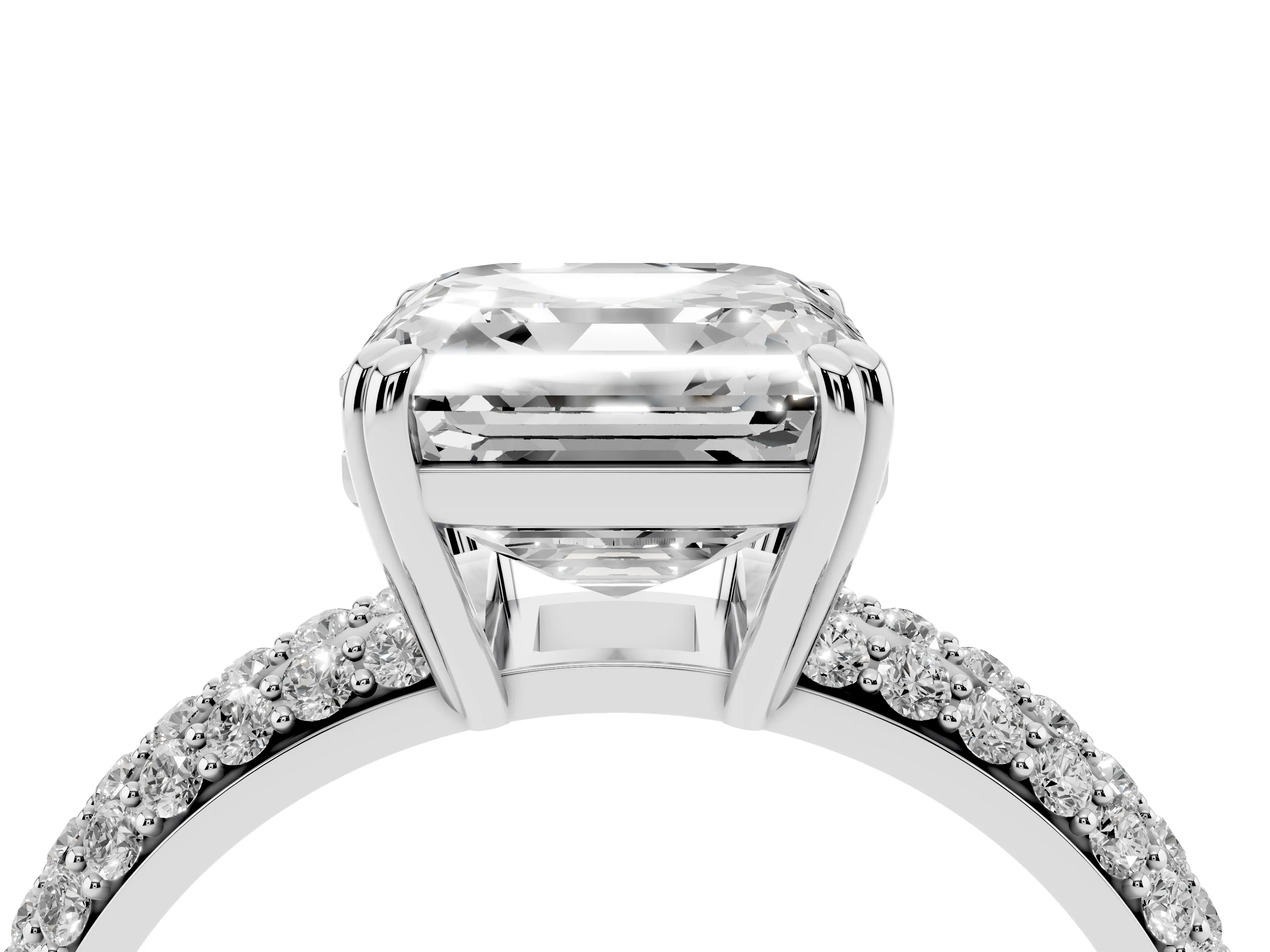 Asscher Cut Diamond Solitaire Ring Set in Platinum with Multi-Row Round Pavé Band and Prong Setting