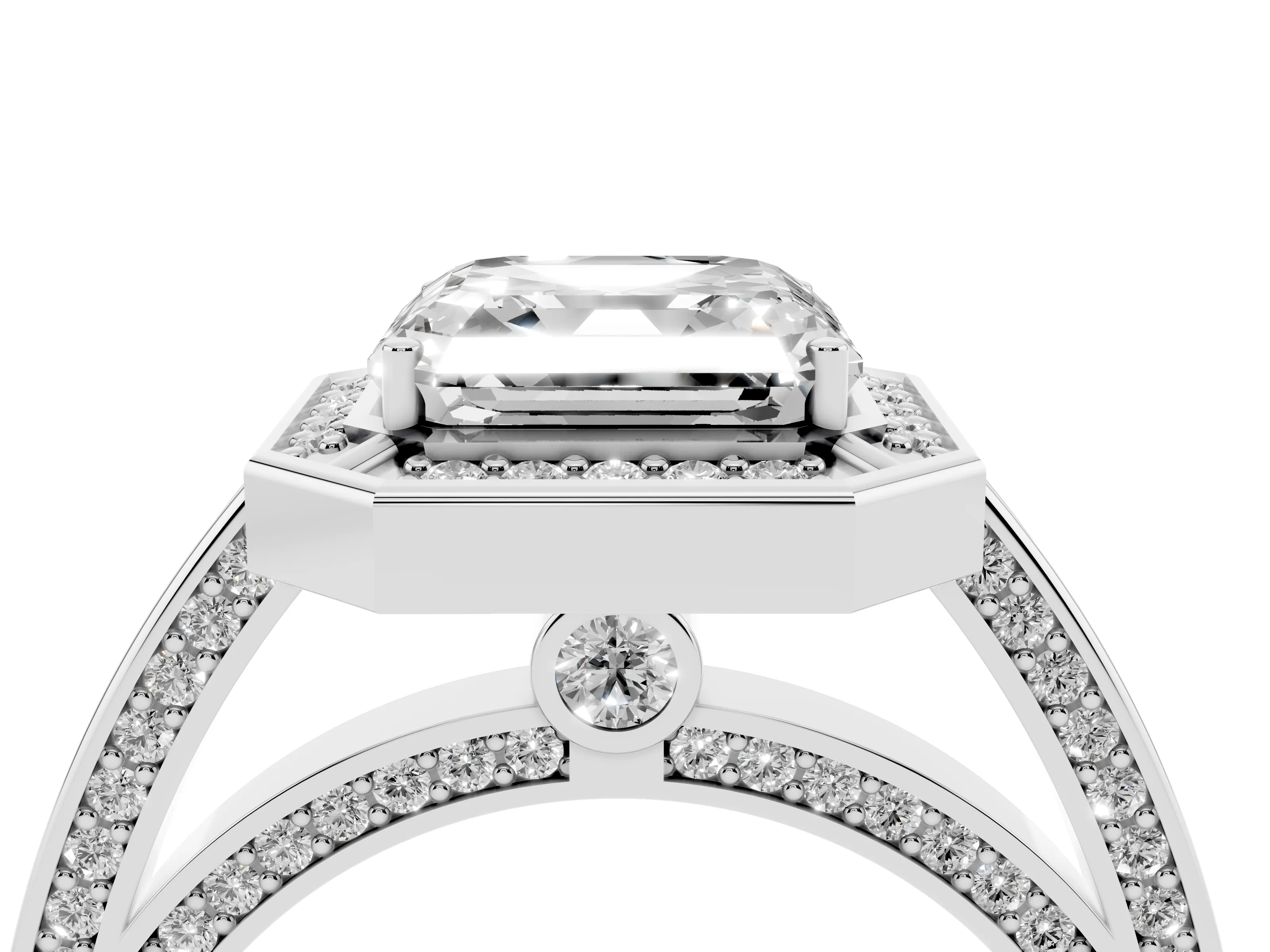 Asscher Cut Diamond Halo Pavé Split Shank Ring Set in White gold with Prong Setting