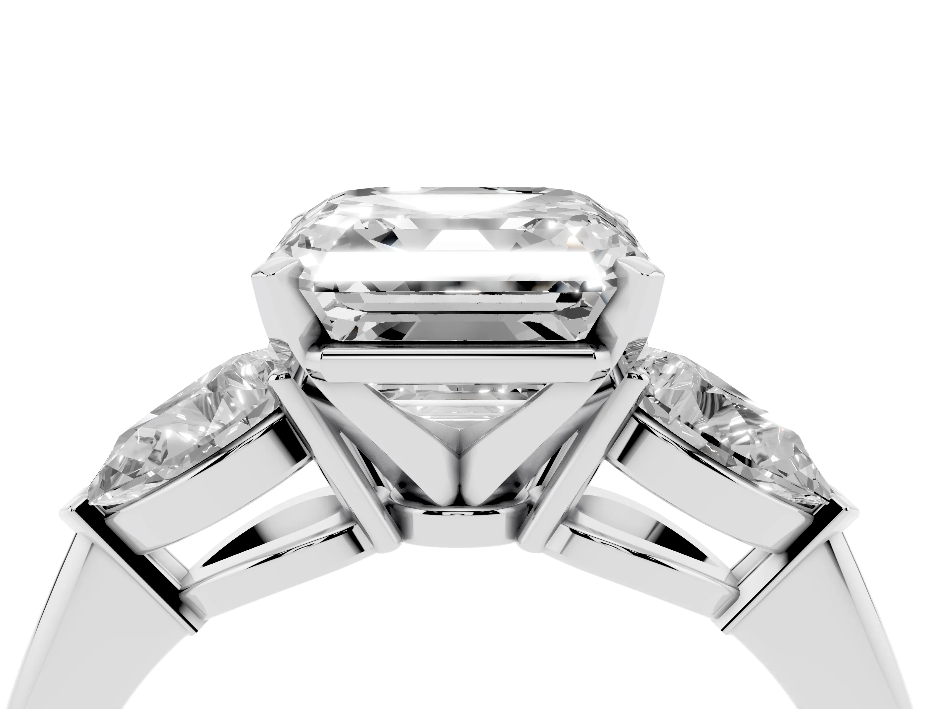 Three-Stone Asscher Cut Diamond Ring Set in Silver with Pear Side Stones and Prong Setting