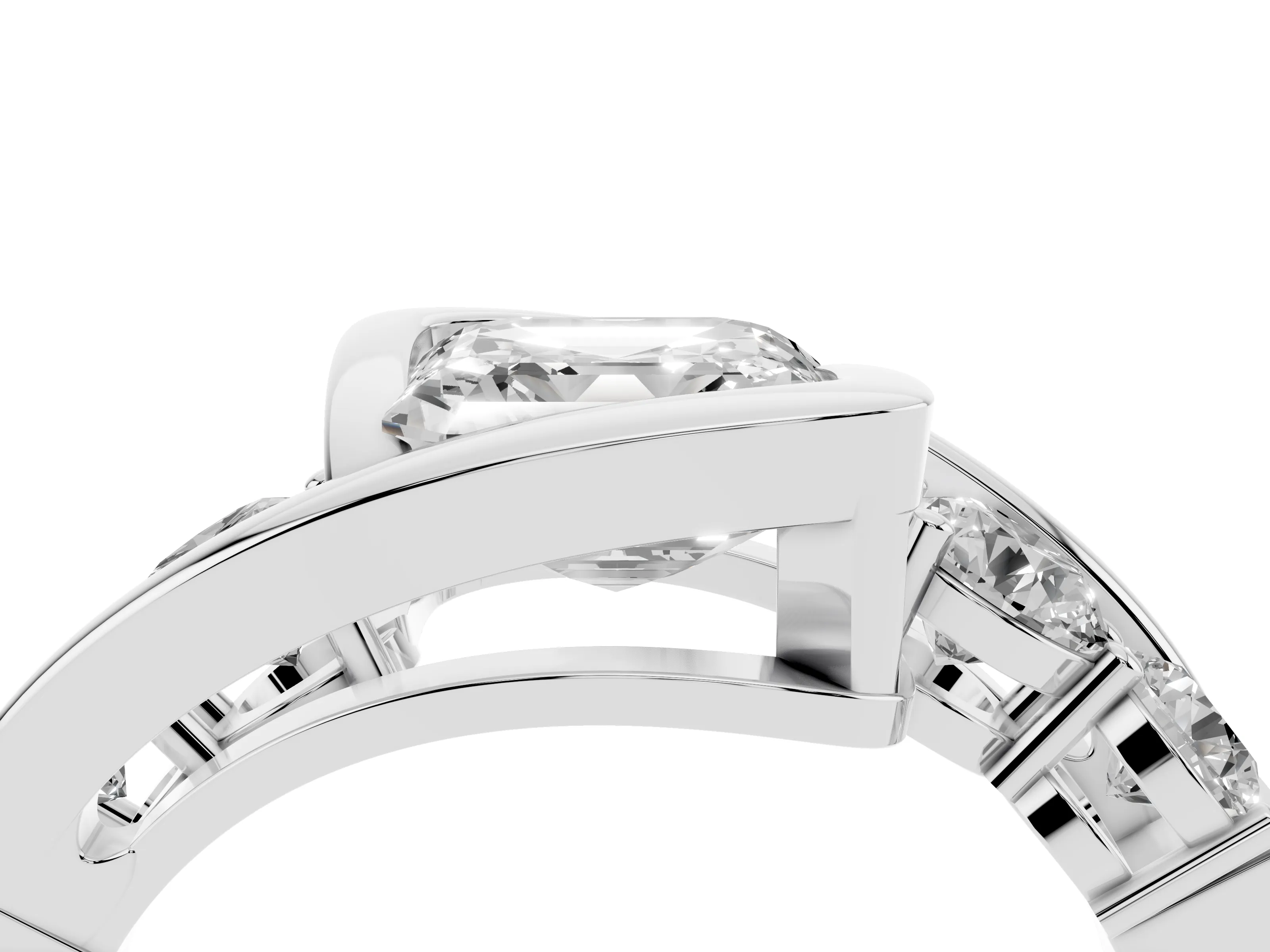 Asscher Cut Diamond Bezel Bypass Ring Set in Platinum with Round Accents
