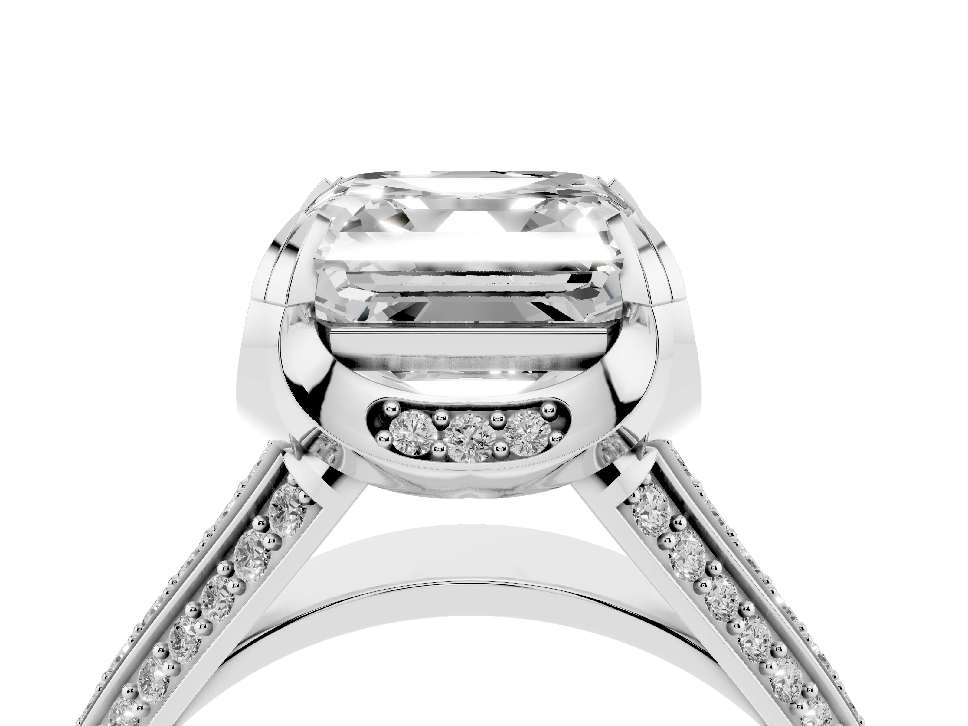 Asscher Cut Diamond Pavé Split Shank Solitaire Ring Set in Silver with Prong Setting