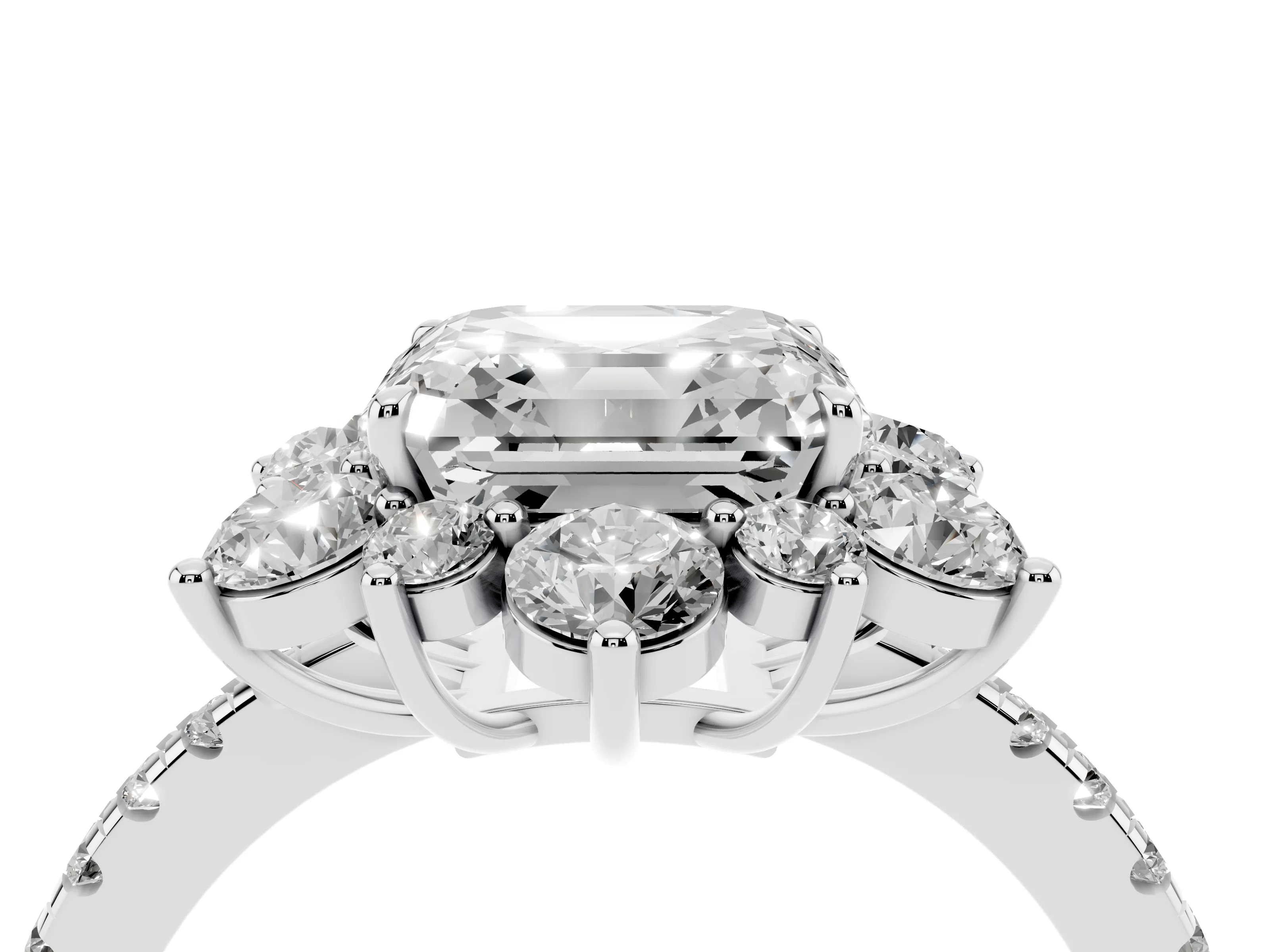 Asscher Cut Diamond Floral Halo Ring Set in Platinum with Round Pavé Band and Prong Setting