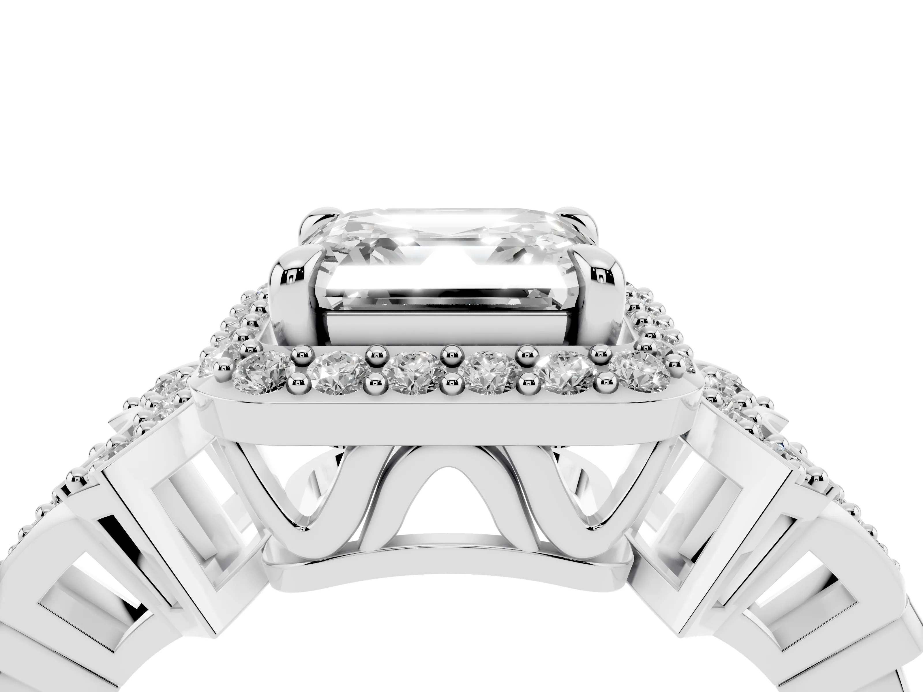 Asscher Cut Diamond Halo Engagement Ring Set in Platinum with Accent Stone Split Shank
