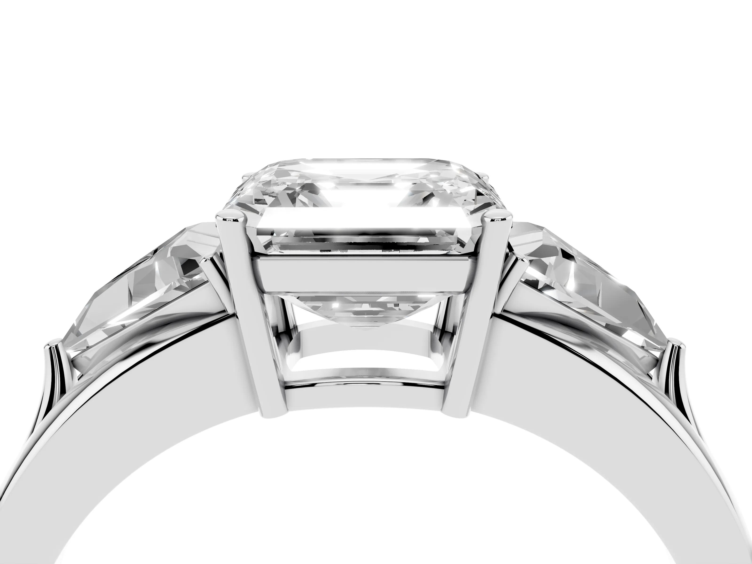 Asscher Cut Diamond Three-Stone Ring Set in Platinum with Trillion Side Stones and Split Shank
