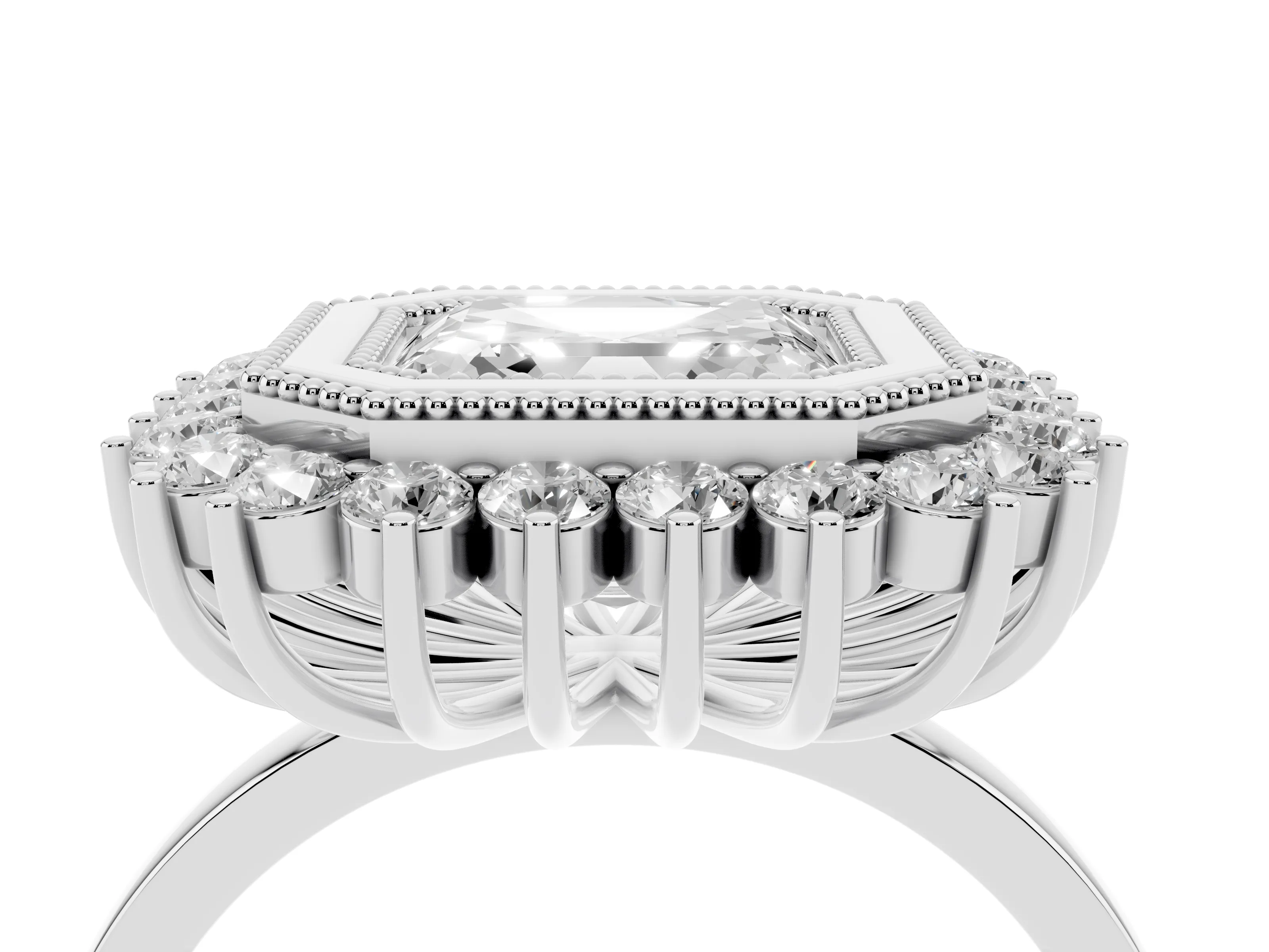 Asscher Cut Diamond Halo Ring Set in Platinum with Milgrain Edge and Round Prong Setting