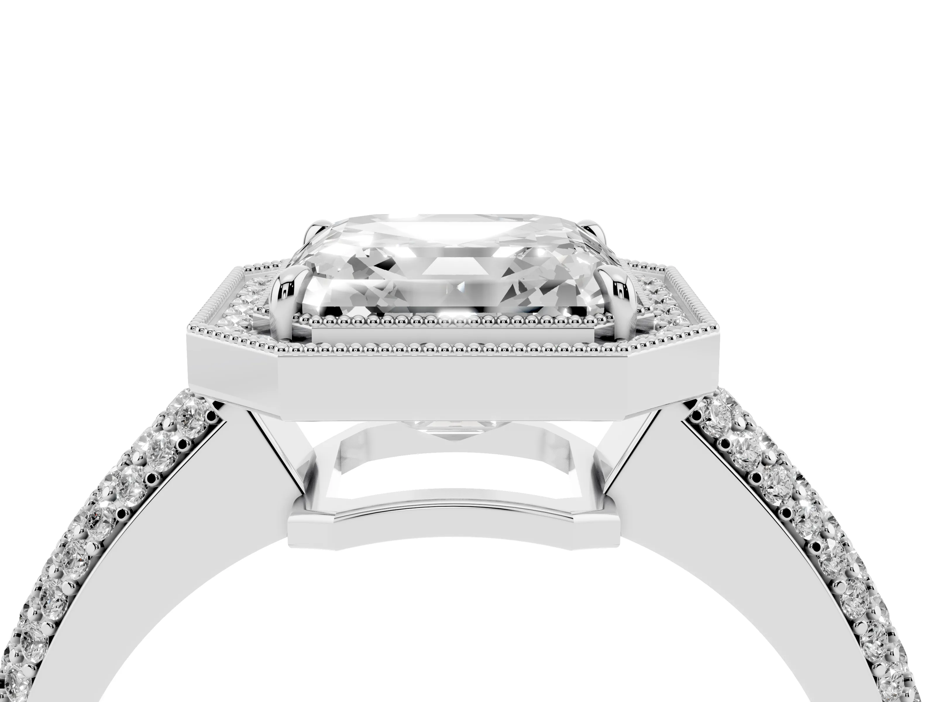 Asscher Cut Diamond Halo Pavé Band Set in Silver with Prong Setting