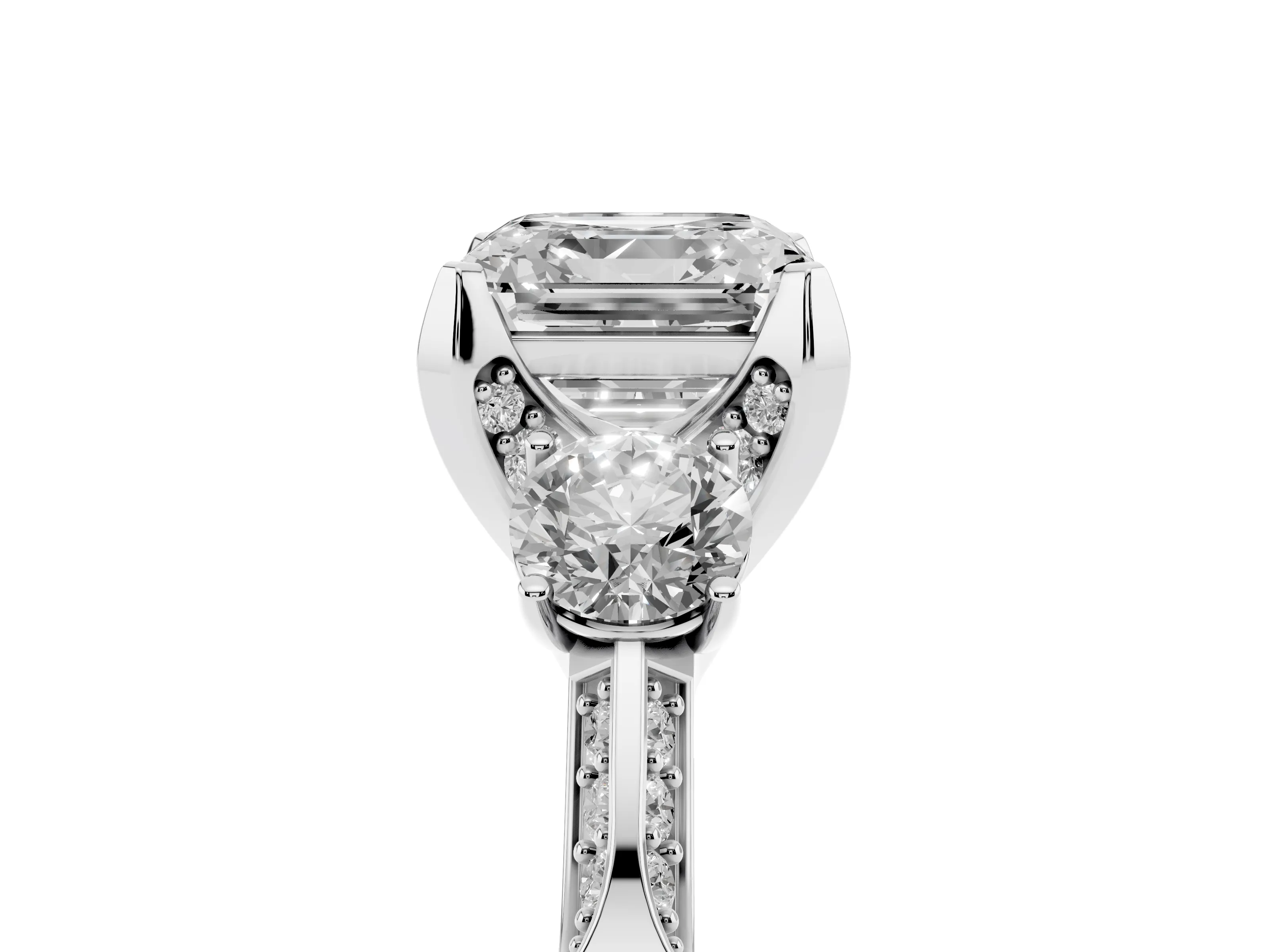 Asscher Cut Diamond Three-Stone Ring Set in Platinum with Pavé Band and Smaller Side Stones