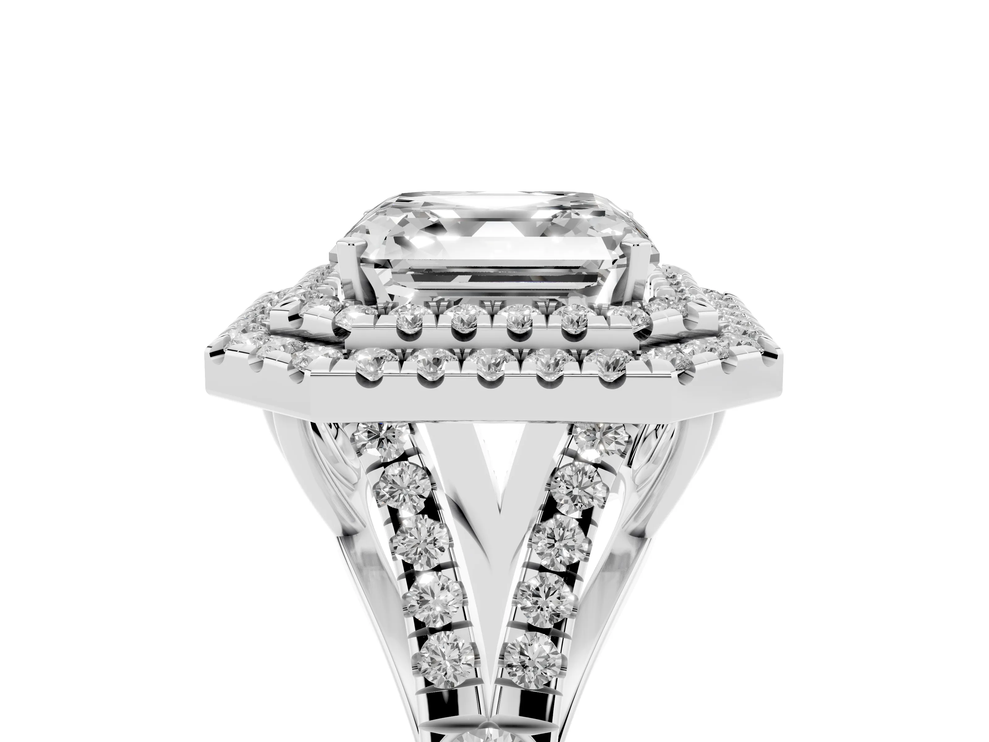 Asscher Cut Diamond Pavé Split Shank Double Halo Engagement Ring Set in Platinum