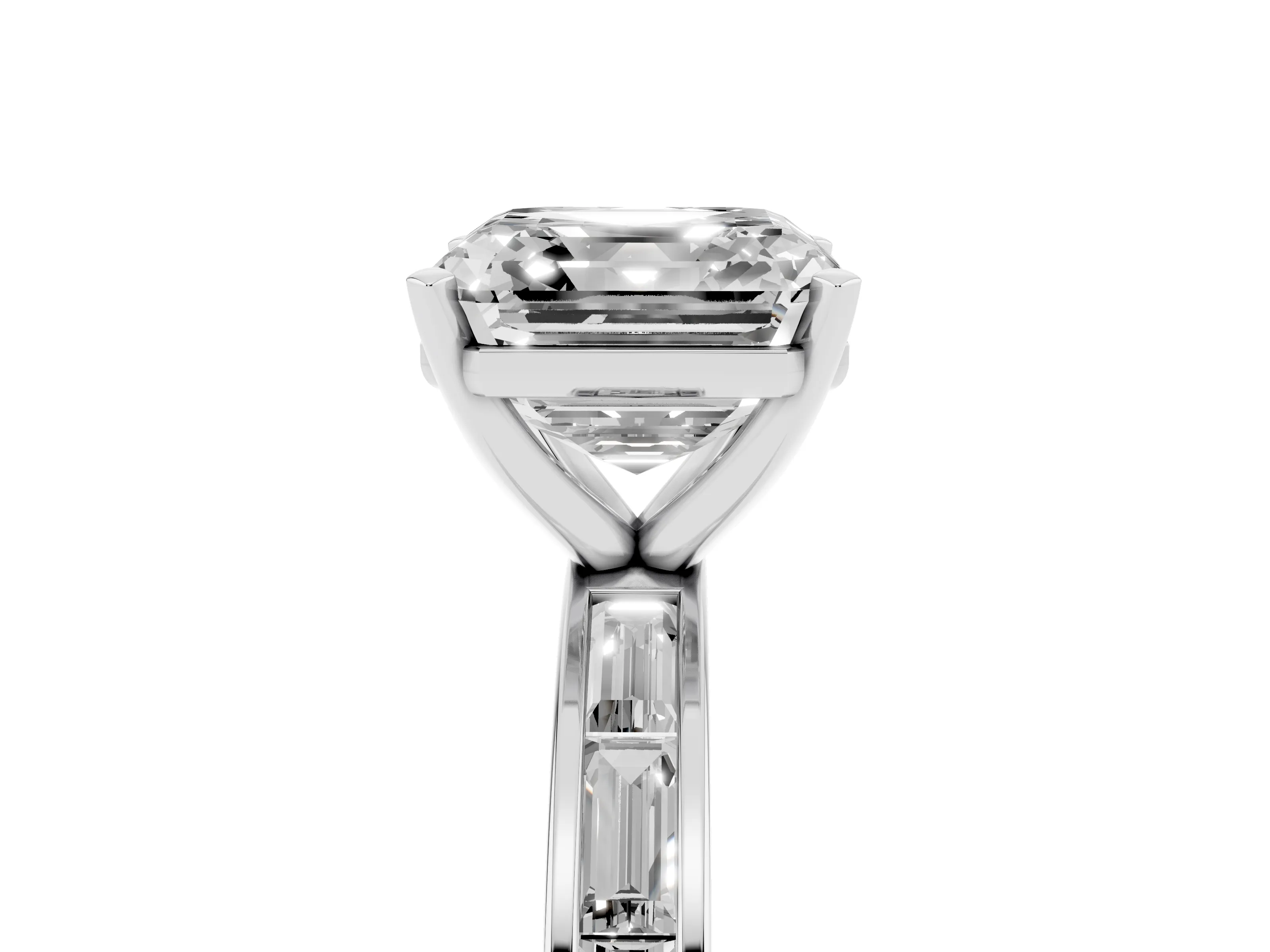 Asscher Cut Diamond Solitaire Ring Set in Silver with Channel-Set Baguette Band and Prong Setting
