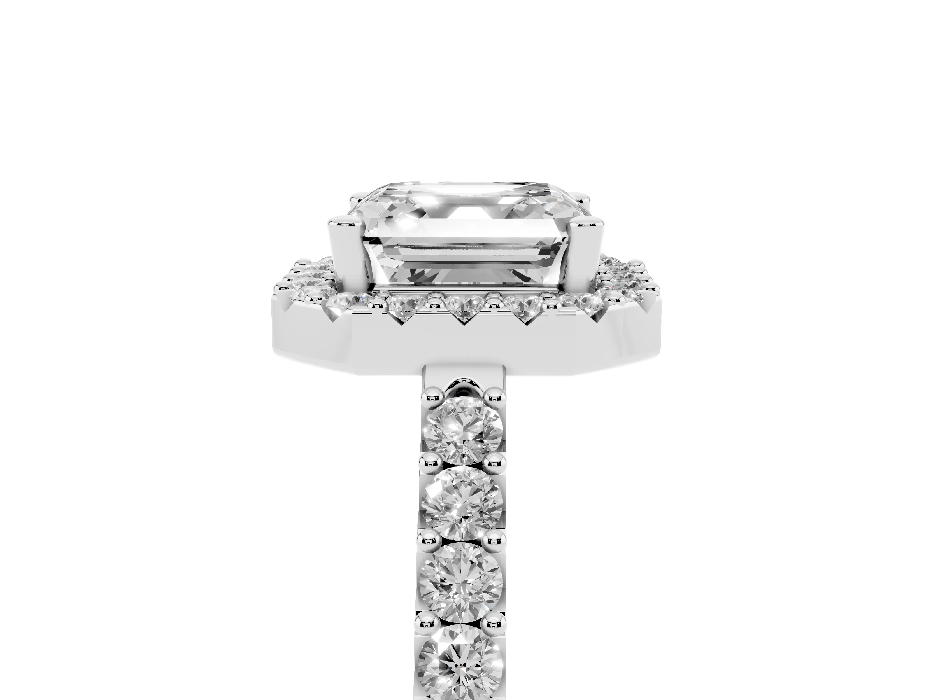 Asscher Cut Diamond Halo Pavé Solitaire Ring Set in White gold with Prong-Set Center Stone