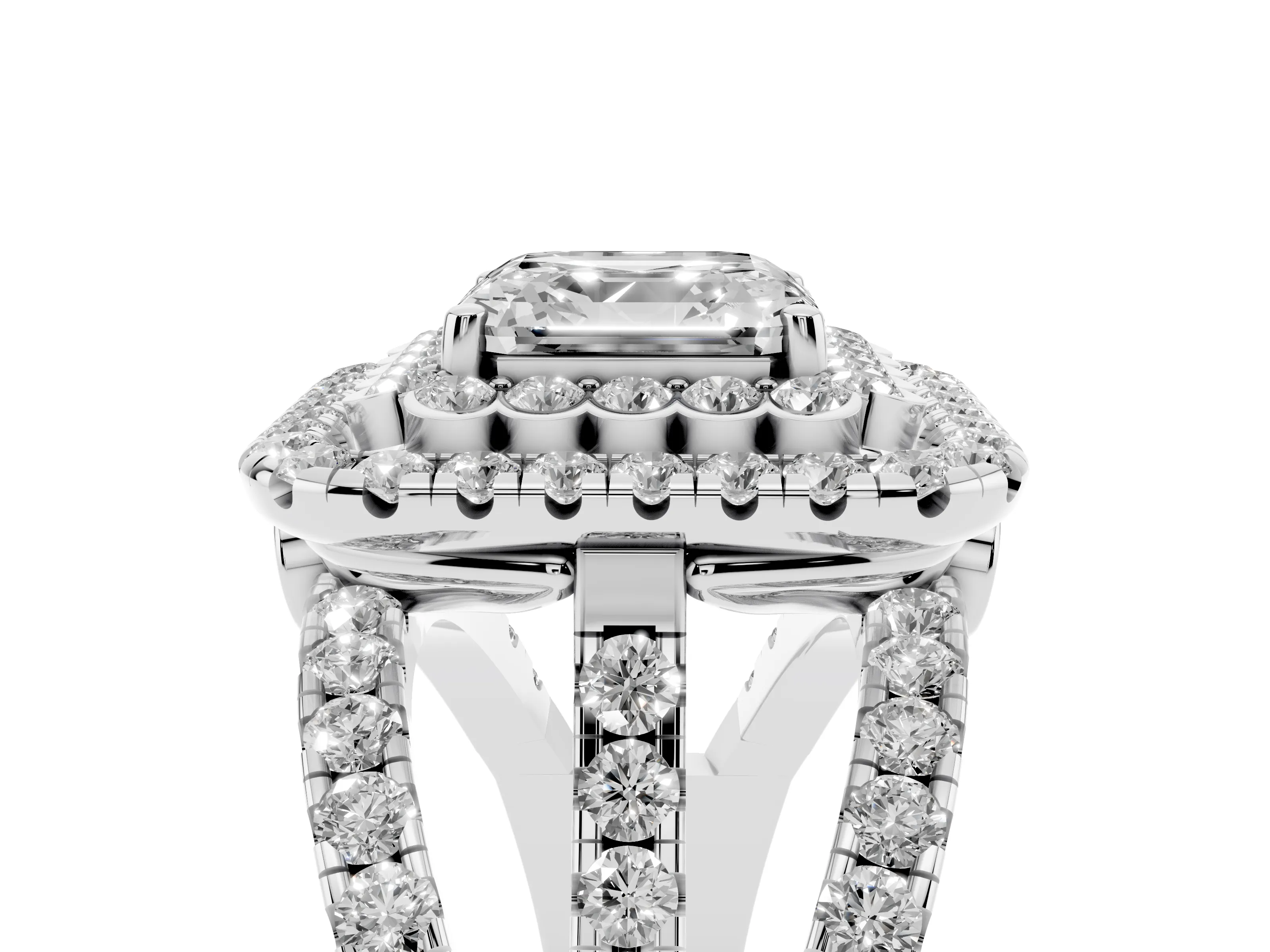 Asscher Cut Diamond Double Halo Ring Set in White gold with Round Pavé Split Shank