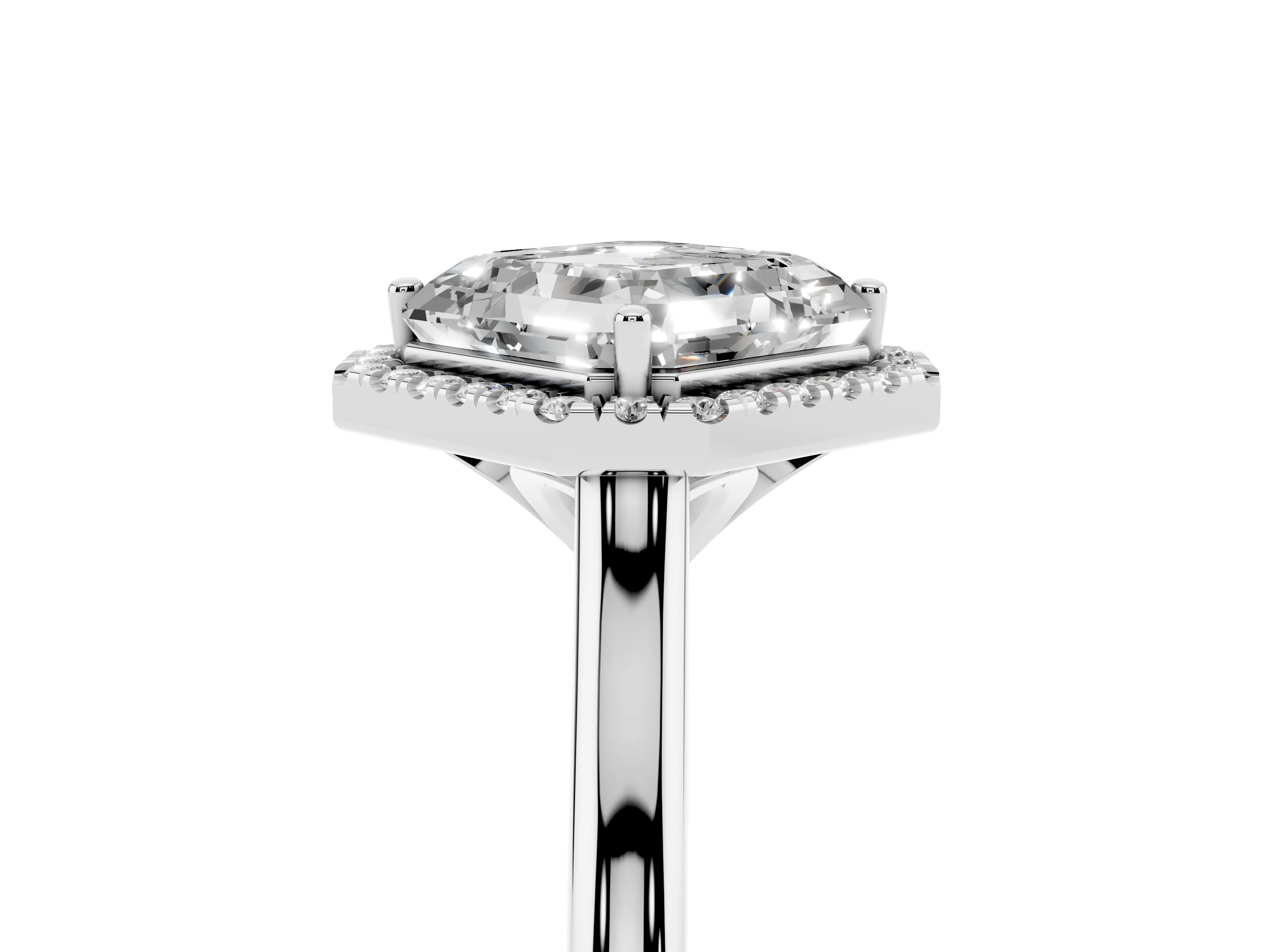 Asscher Cut Diamond Halo Engagement Ring Set in Platinum with Pavé Band and Rising Shoulders