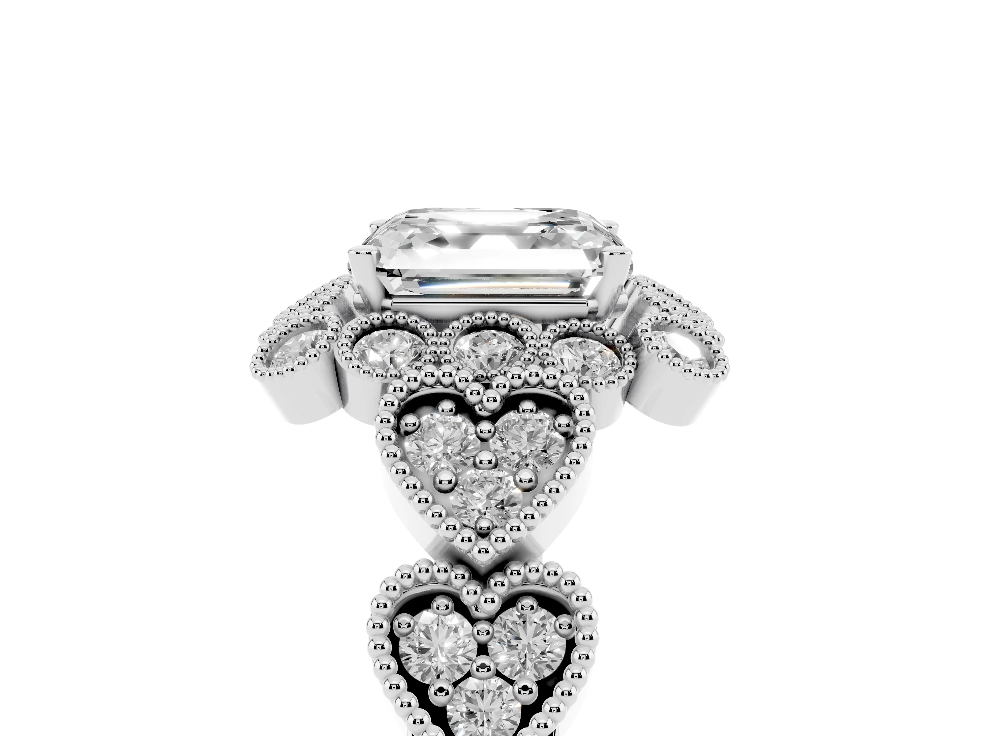 Asscher Cut Diamond Solitaire Ring Set in Silver with Milgrain Pavé Heart Band